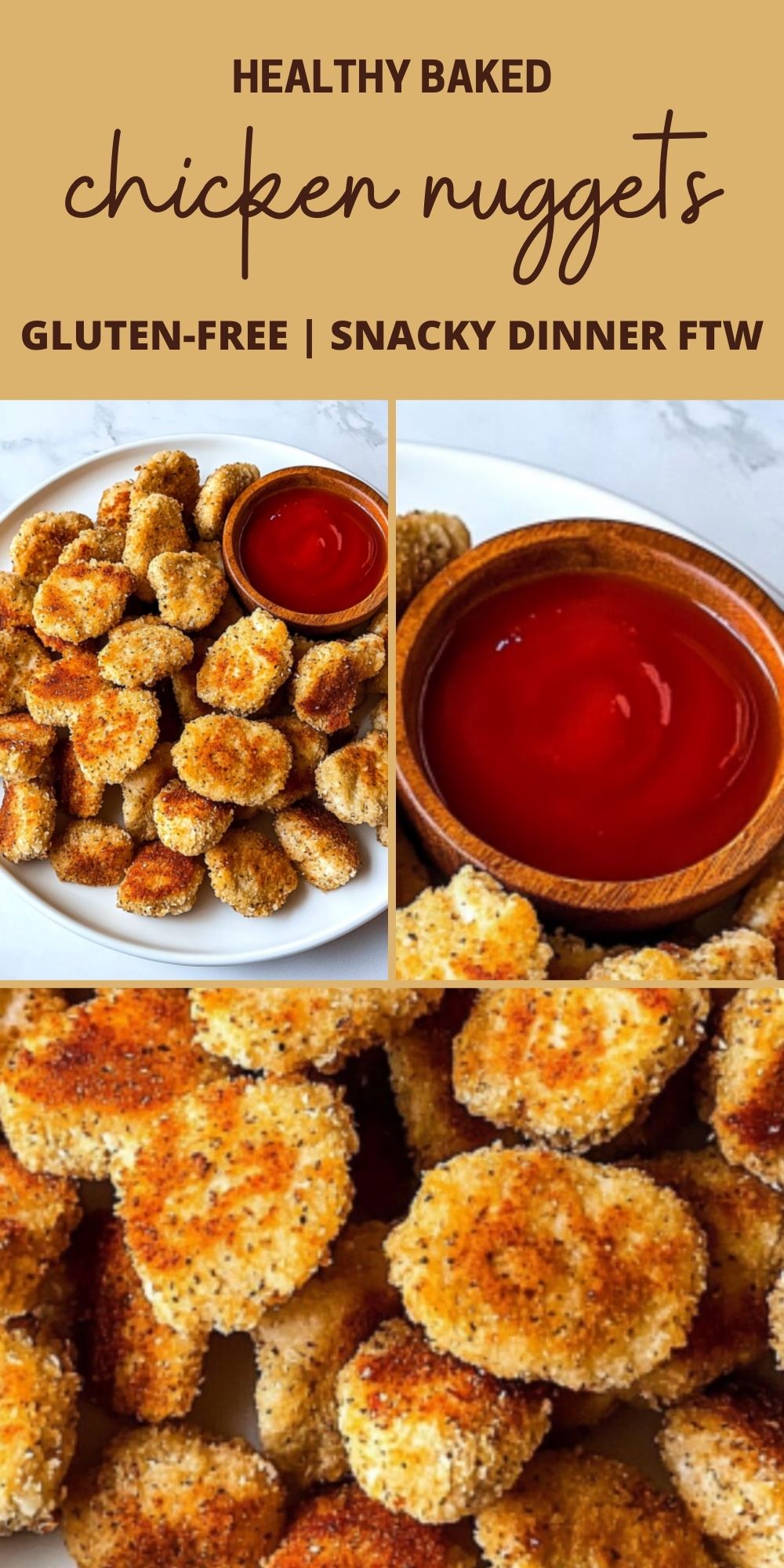 Plate of crispy gluten-free baked chicken nuggets served with ketchup in a wooden bowl.