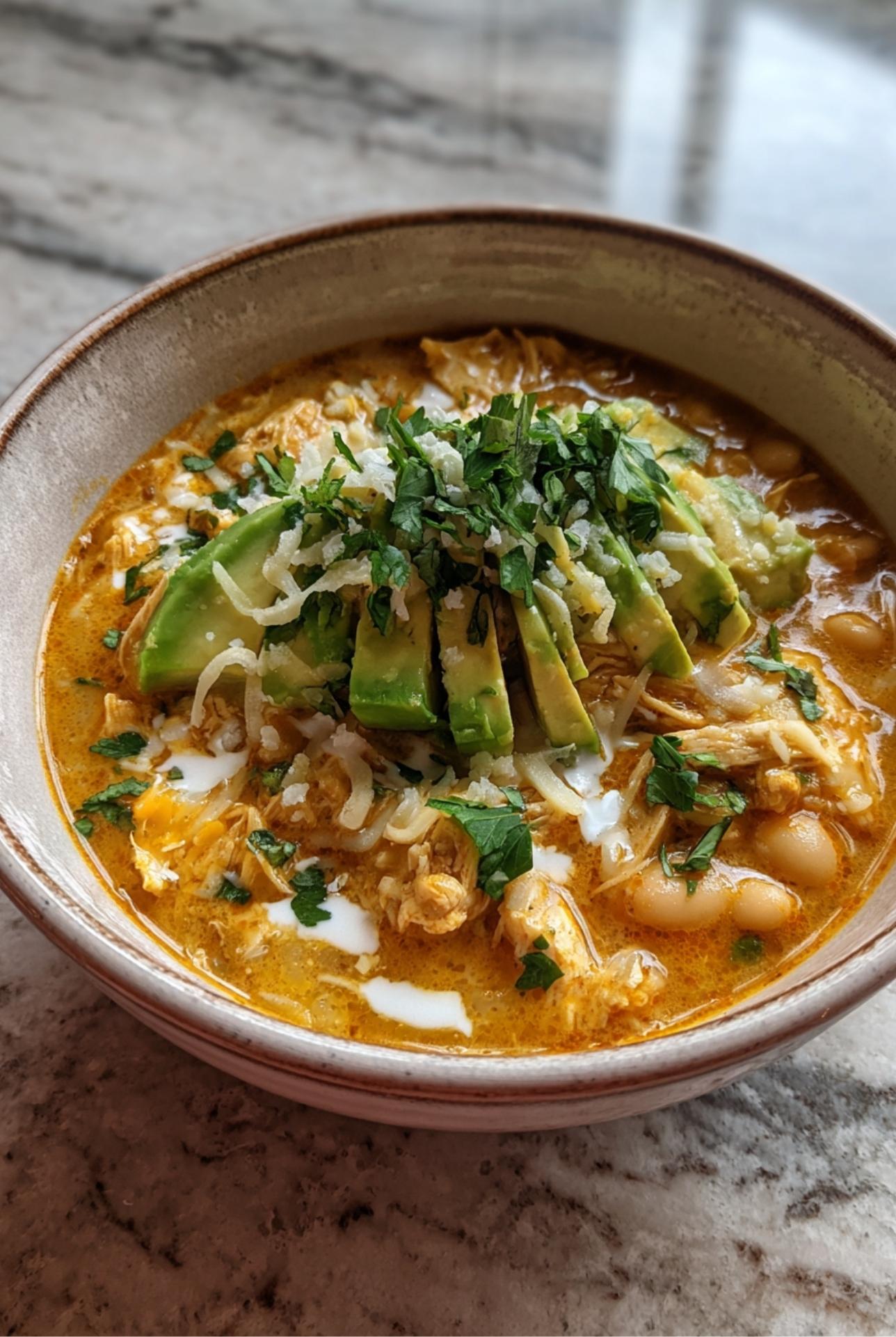 Close-up of creamy Half Baked Harvest White Chicken Chili topped with avocado slices, fresh cilantro, shredded cheese, and Greek yogurt in a rustic bowl.