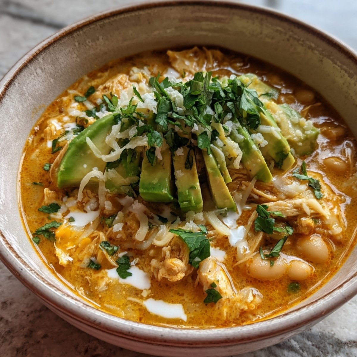 Rustic ceramic bowl filled with Half Baked Harvest White Chicken Chili, garnished with avocado, cilantro, and melted cheese on a marble surface.