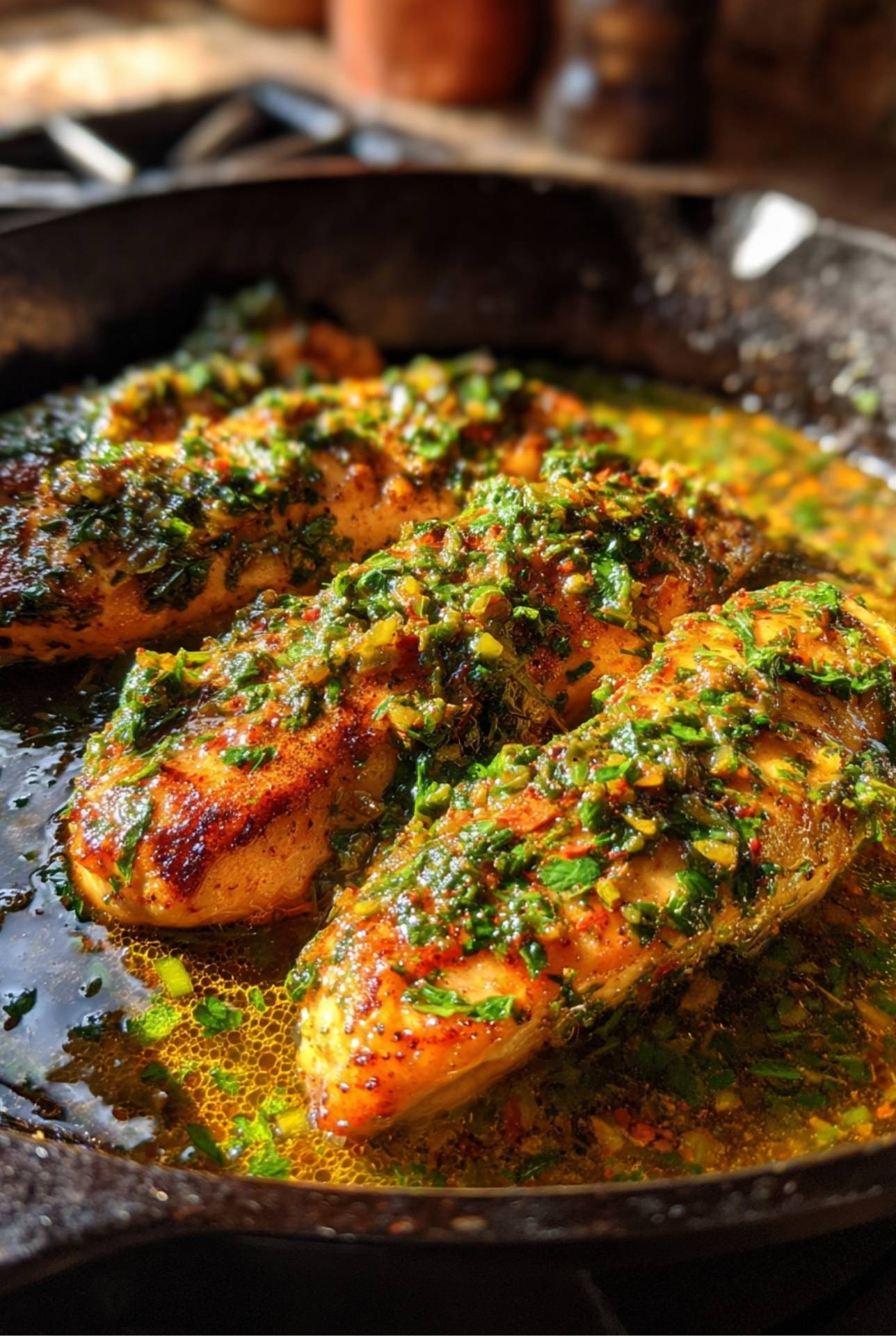 Golden seared chicken breasts in a cast iron skillet covered in fresh herbs and spices, the base for Half Baked Harvest White Chicken Chili.