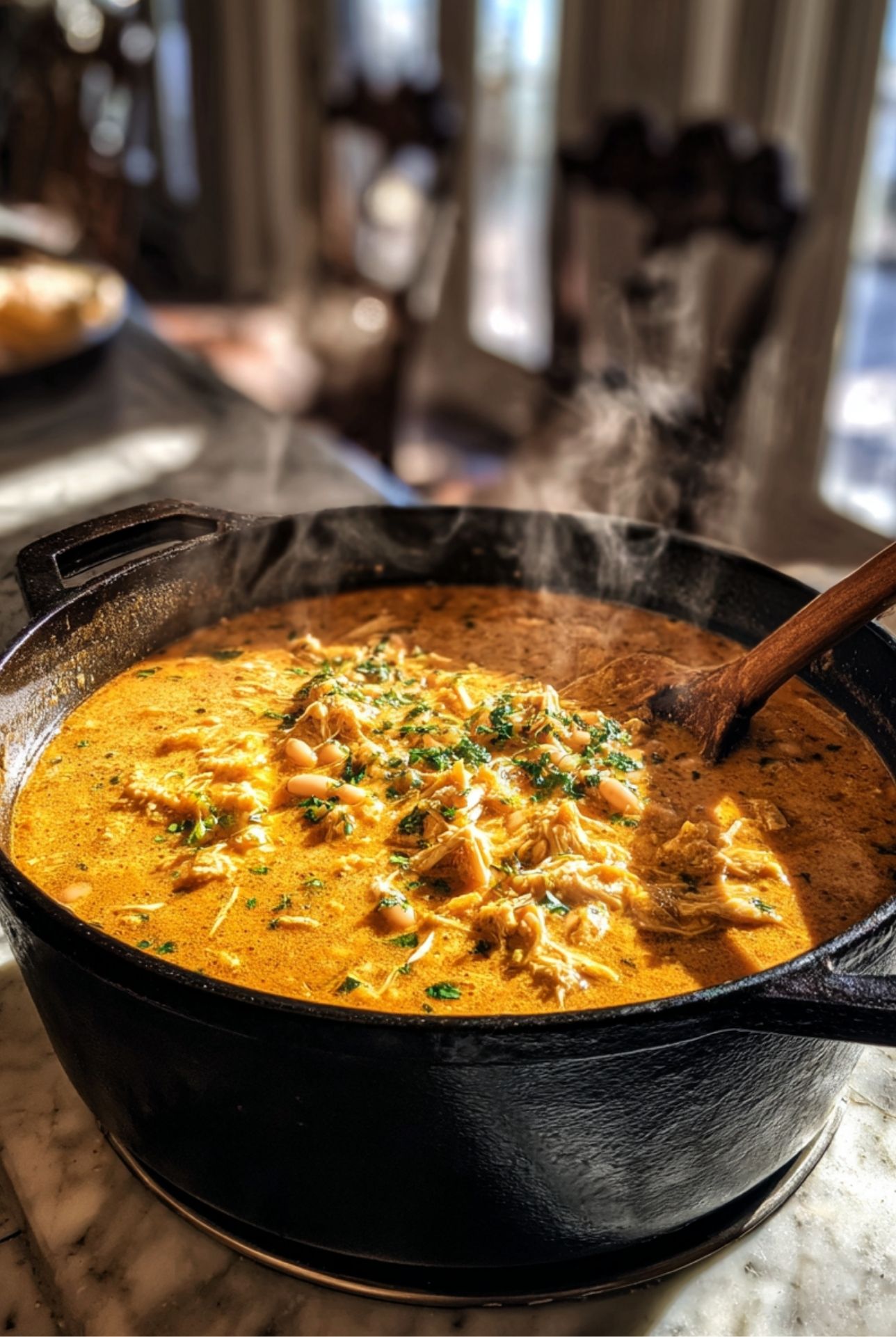Large black Dutch oven filled with steaming Half Baked Harvest White Chicken Chili, stirred with a wooden spoon.