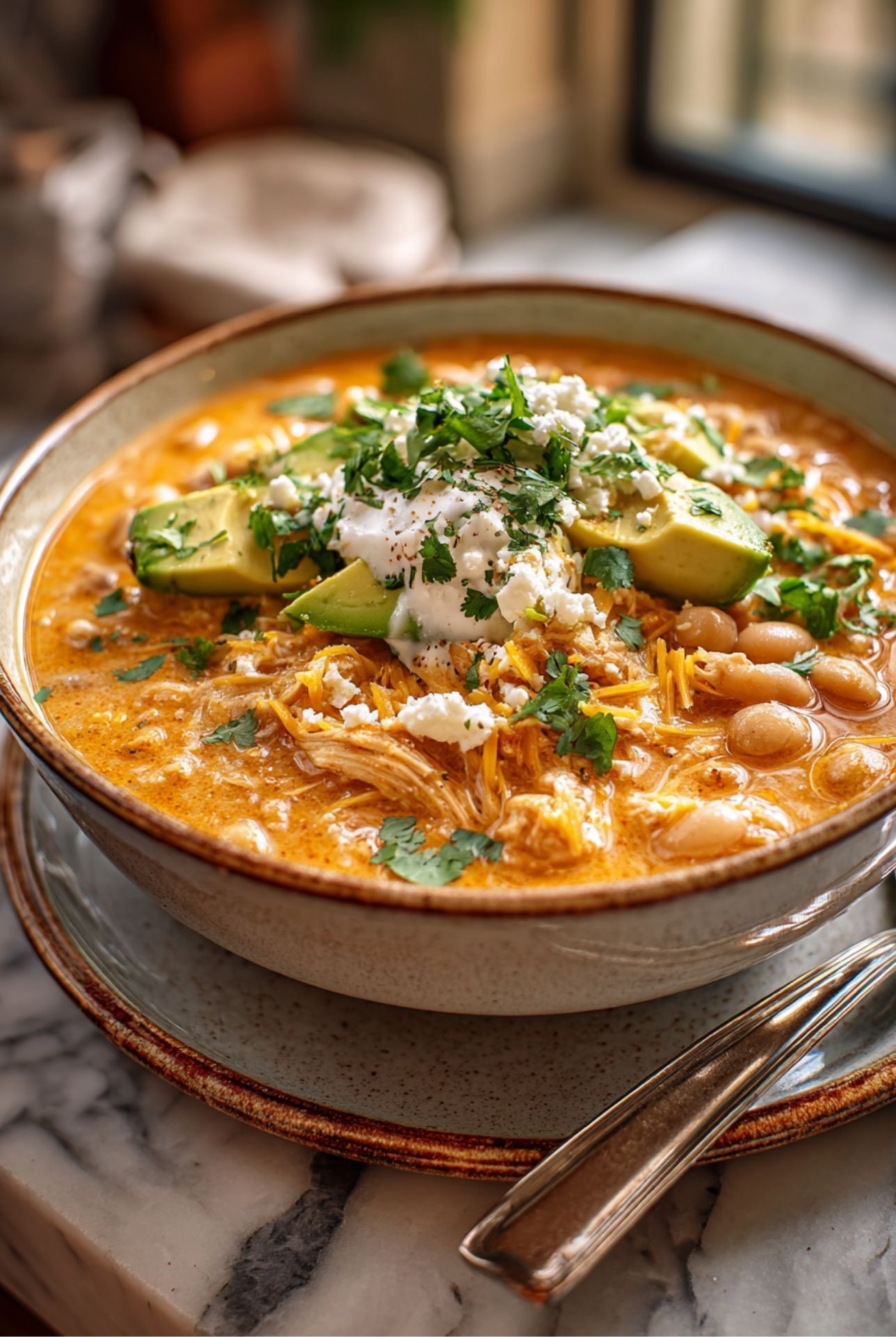 Bowl of Half Baked Harvest White Chicken Chili topped with avocado slices, shredded cheese, sour cream, and fresh cilantro with a spoon on the side.