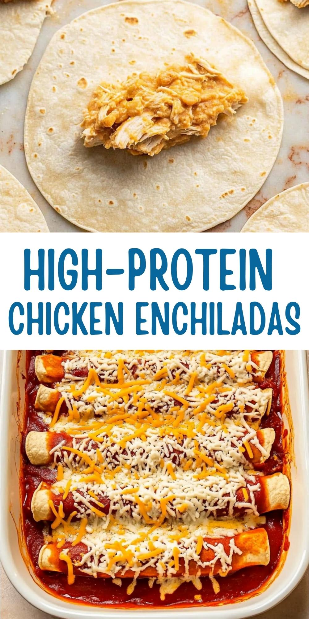 Baking dish filled with cheesy red chicken enchiladas, topped with shredded cheese and enchilada sauce.