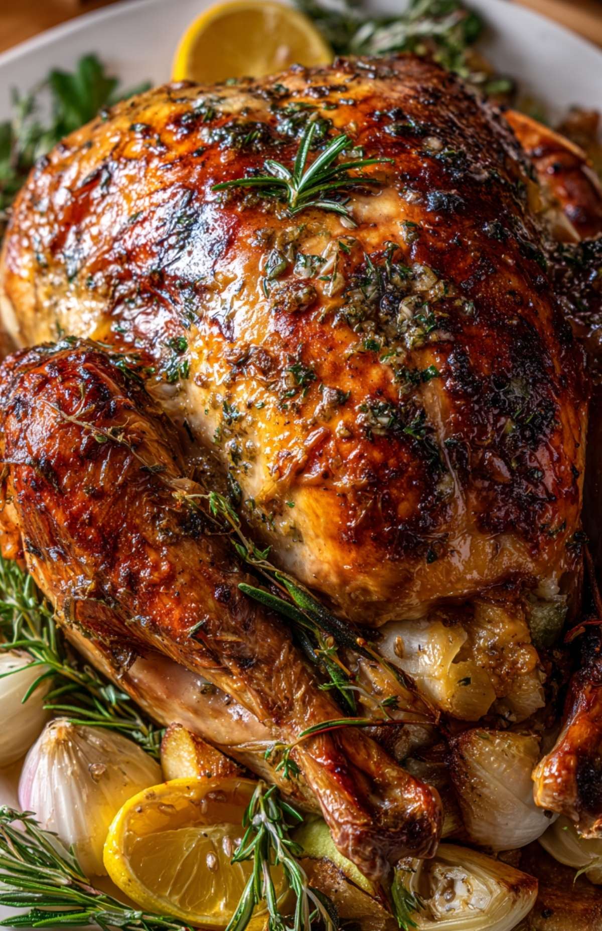 Close-up of golden roasted turkey on a platter with rosemary, lemon, and roasted onions after wet brining.