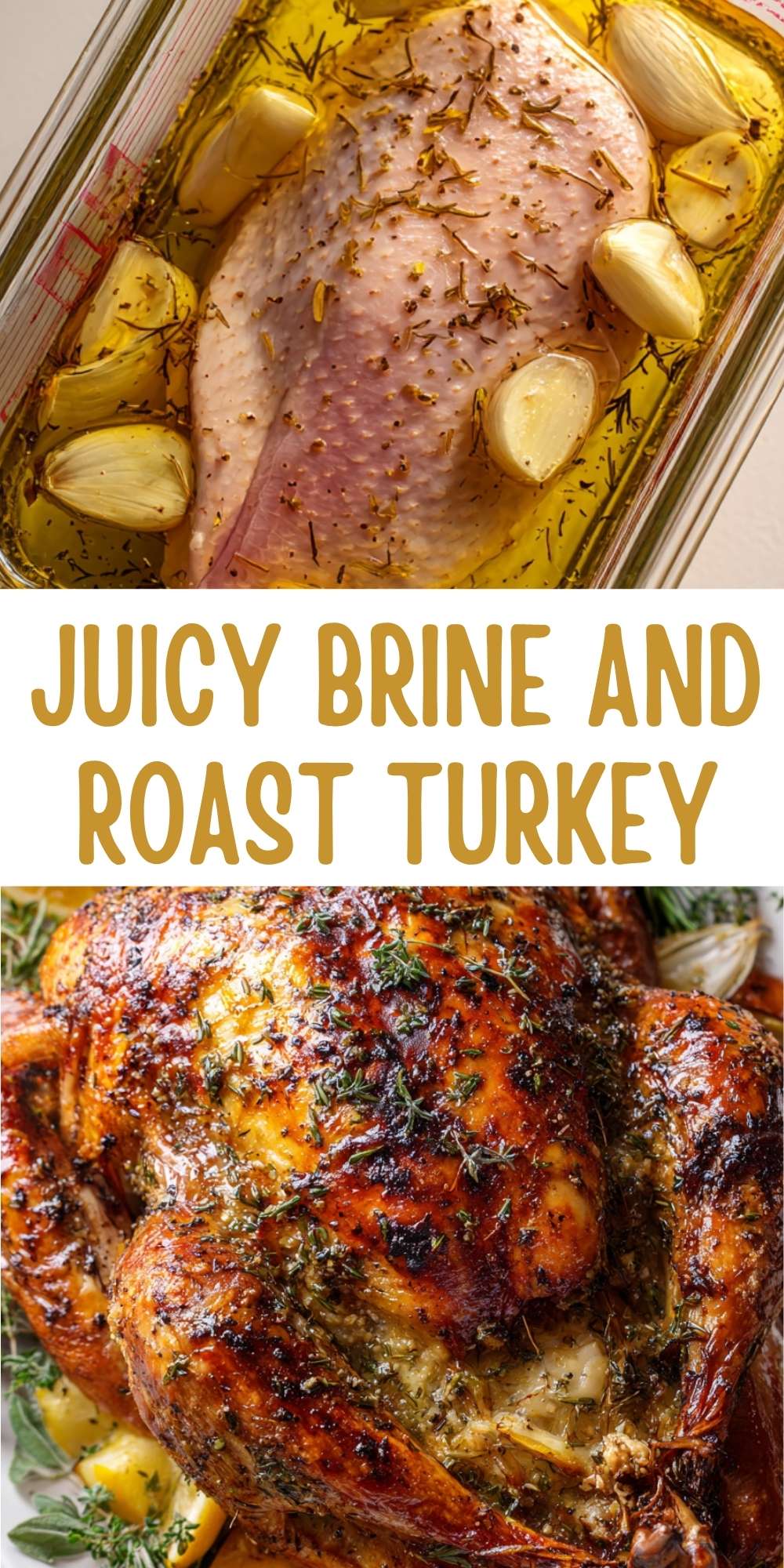 Herb-buttered brined turkey with glossy, crispy skin on a serving platter with lemon and fresh rosemary.