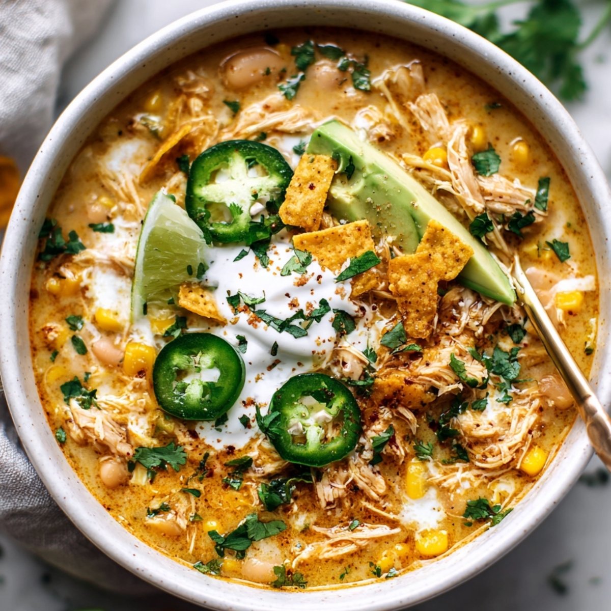 Creamy bowl of white chicken chili topped with avocado, jalape&ntilde;os, tortilla strips, and lime.