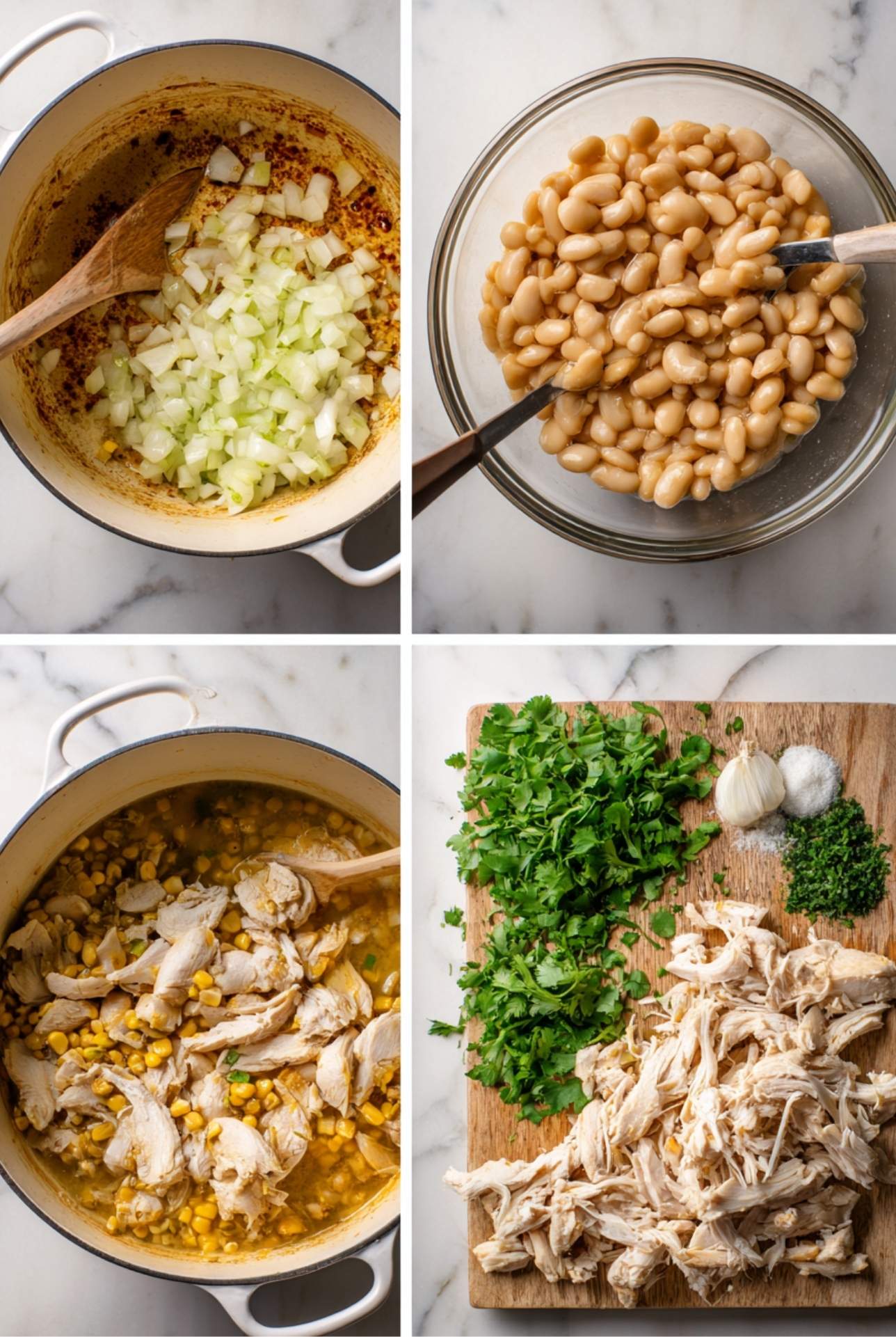Step-by-step process shots: onions sautéing, beans in a bowl, chicken simmering with corn, and fresh herbs on a cutting board for white chicken chili prep.