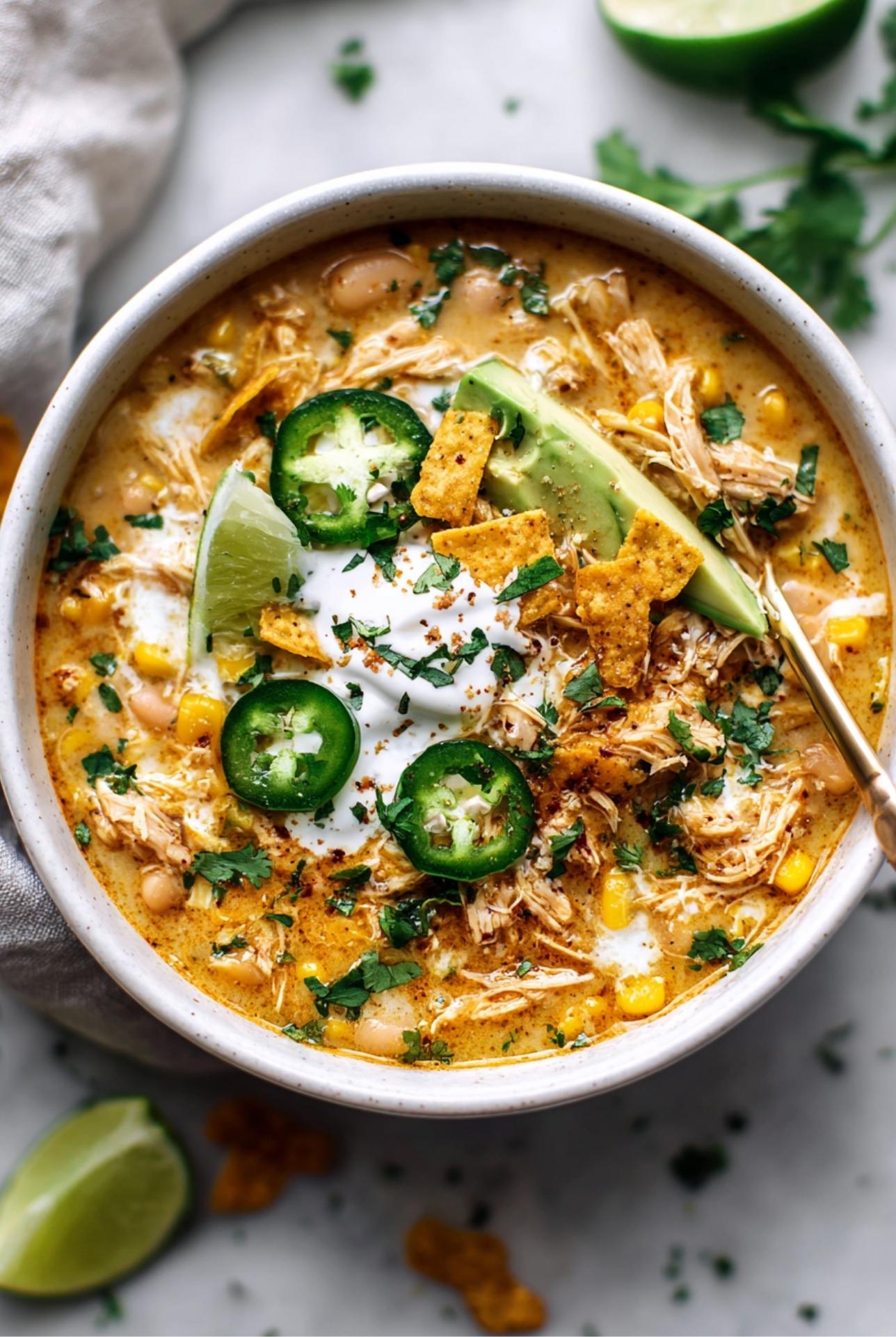 White chicken chili in a bowl with avocado, sour cream, beans, and jalapeños.