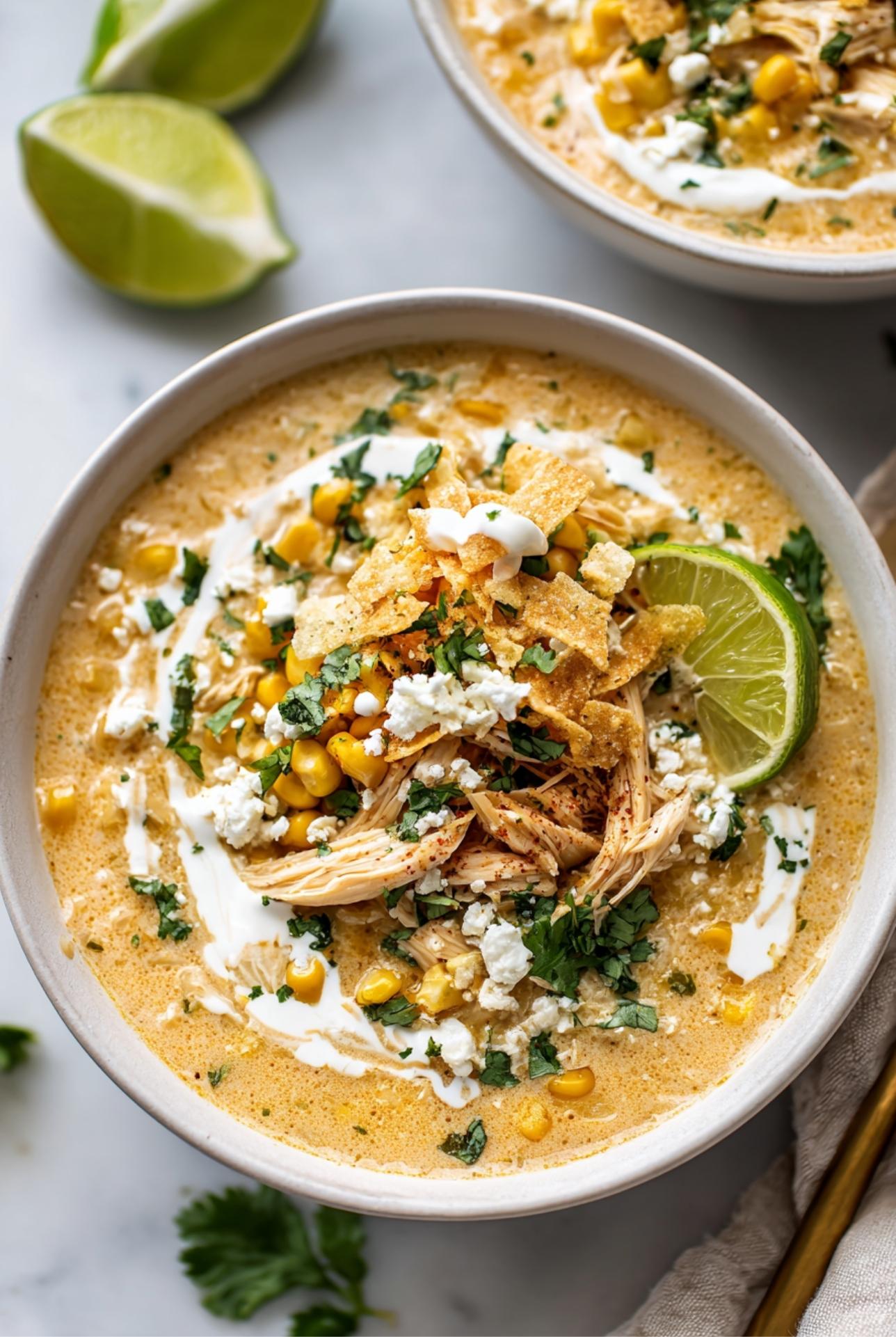 Close-up of creamy Mexican Street Corn White Chicken Chili with cotija cheese, cilantro, and tortilla strips &ndash; Instant Pot or slow cooker friendly.