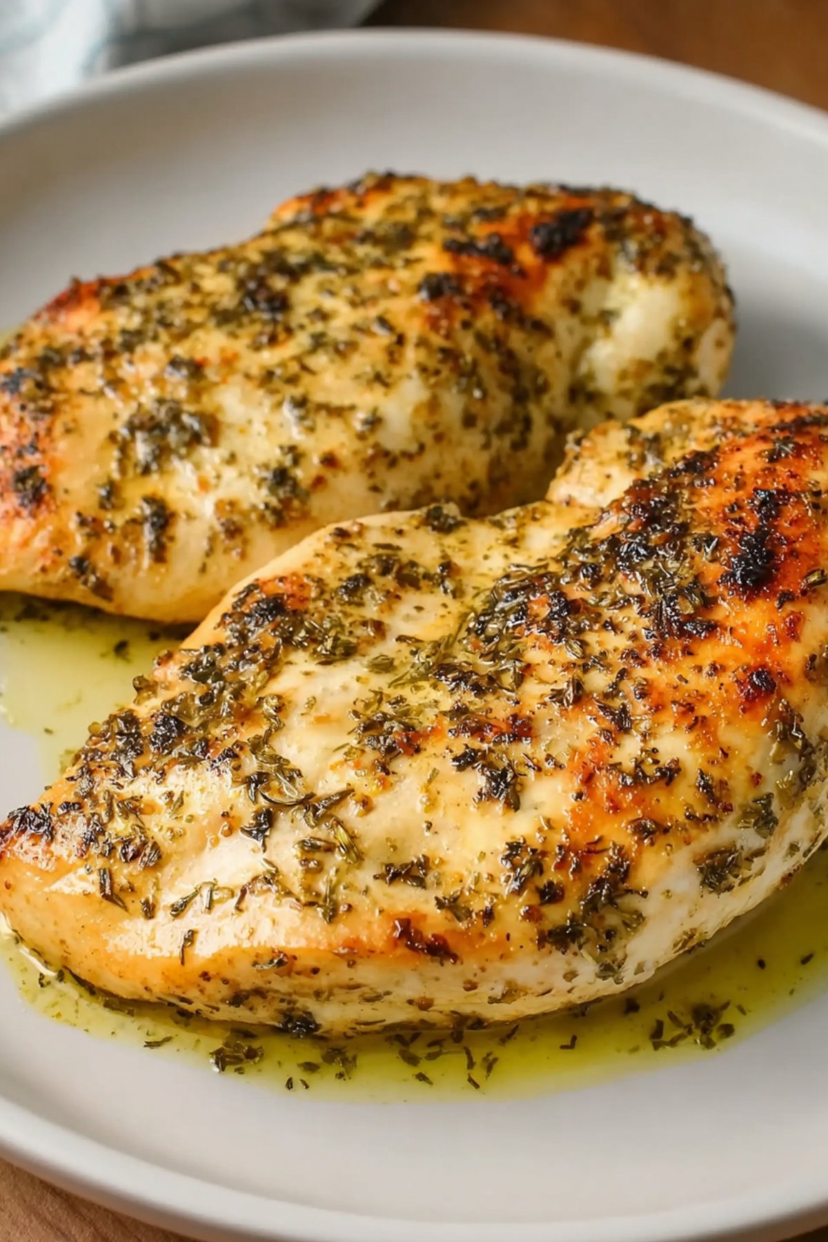 Two juicy, seasoned chicken breasts served with pan juices for a quick and easy chicken breast dinner.