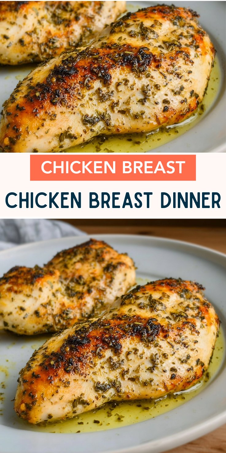 Close-up of chicken breast dinner with herbs and text overlay reading “Chicken Breast Dinner.”