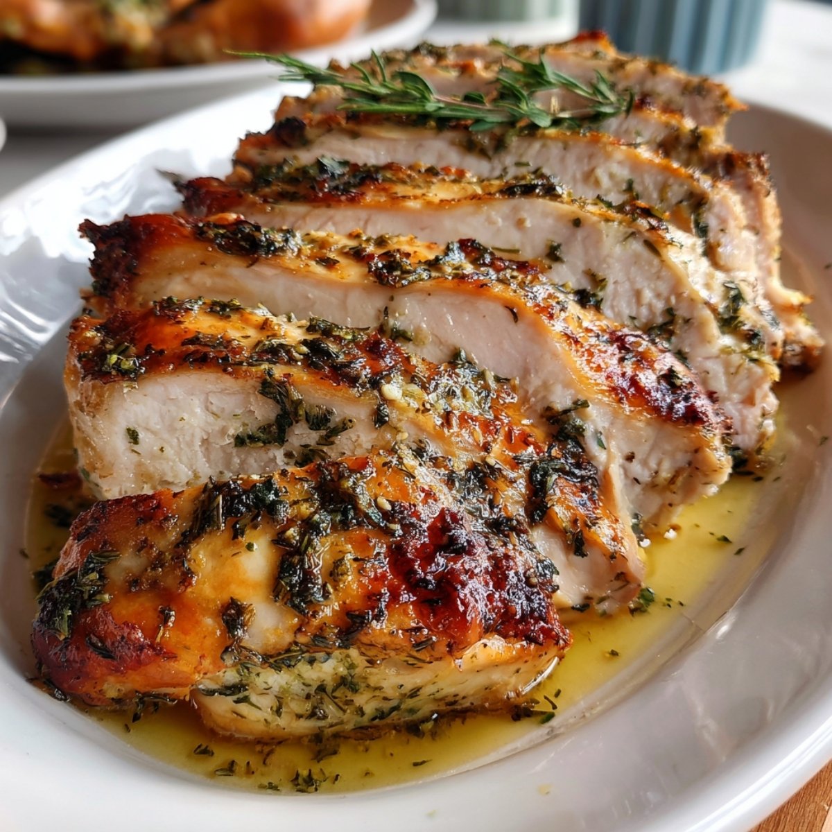 Sliced roast turkey breast topped with garlic herb butter and fresh herbs on a serving platter.