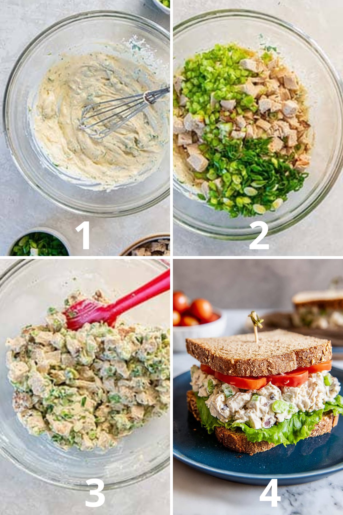 Step-by-step collage of making traditional chicken salad: whisking dressing, mixing chicken, celery, and serving as a sandwich.