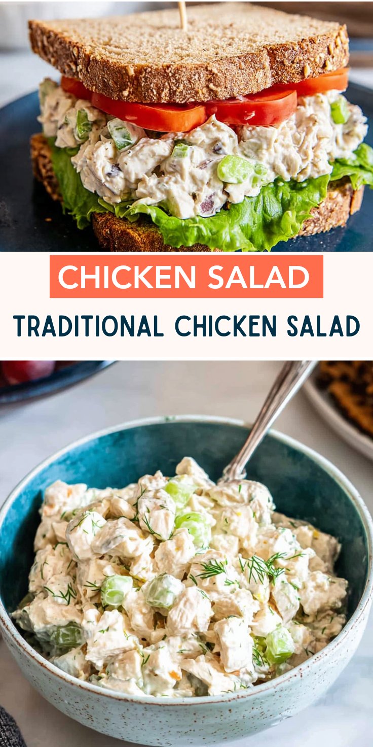 Pinterest-style collage showing a sandwich with chicken salad and a bowl of traditional chicken salad.