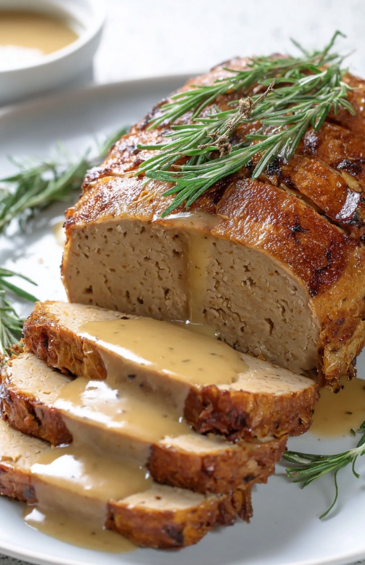 Close-up of golden vegan turkey roast with rosemary sprigs and gravy cascading over thick slices.
