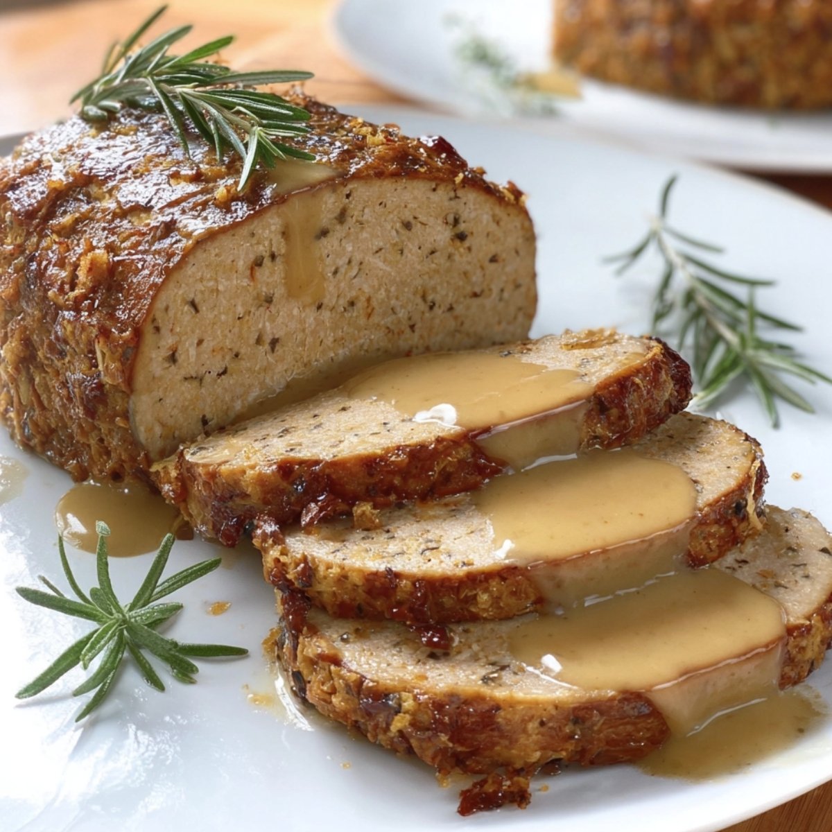 Crispy glazed vegan roast, sliced and fanned on a platter with rosemary and ladled vegan gravy.