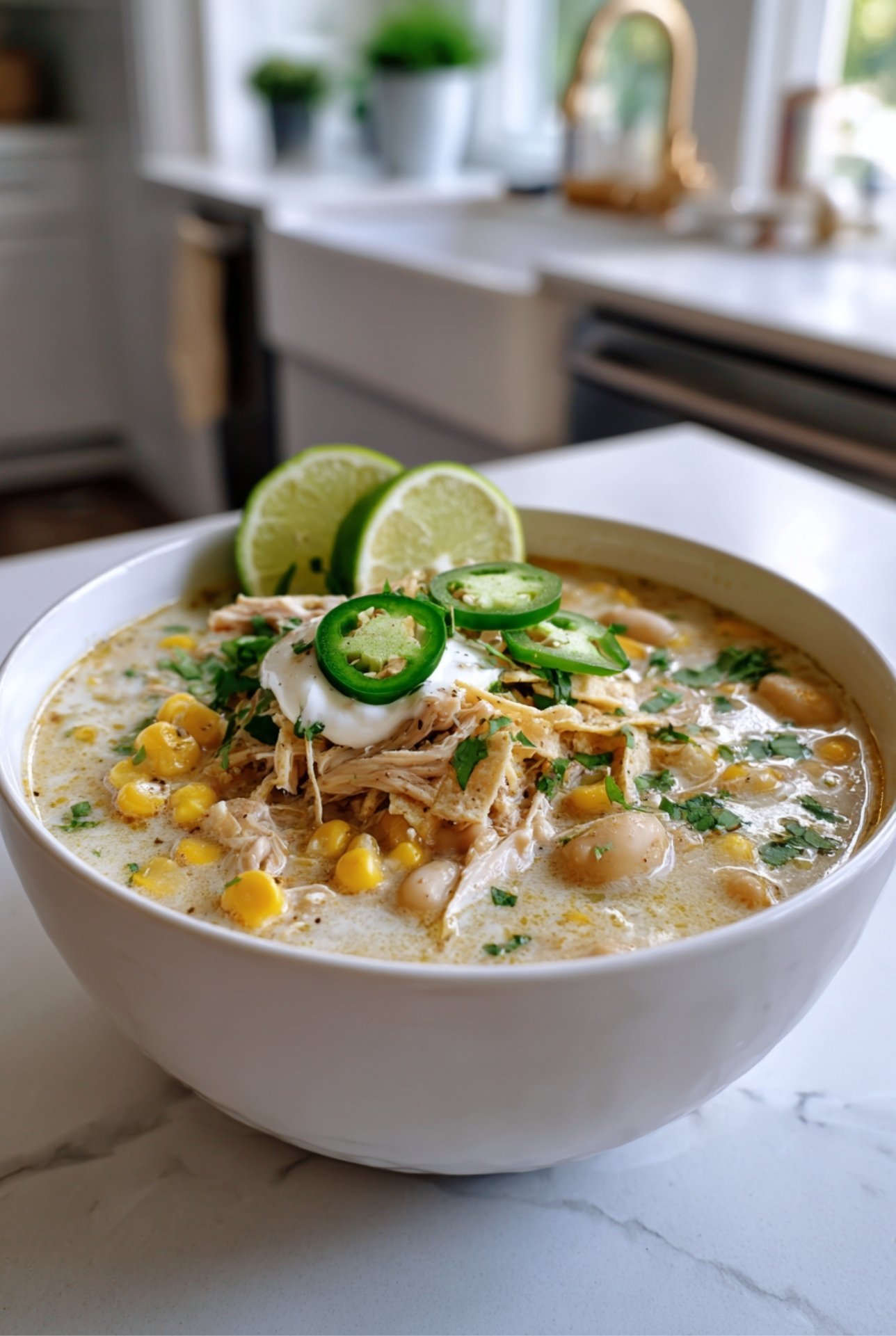White chicken chili in a bowl topped with fresh lime wedges, sour cream, jalape&ntilde;os, and cilantro.