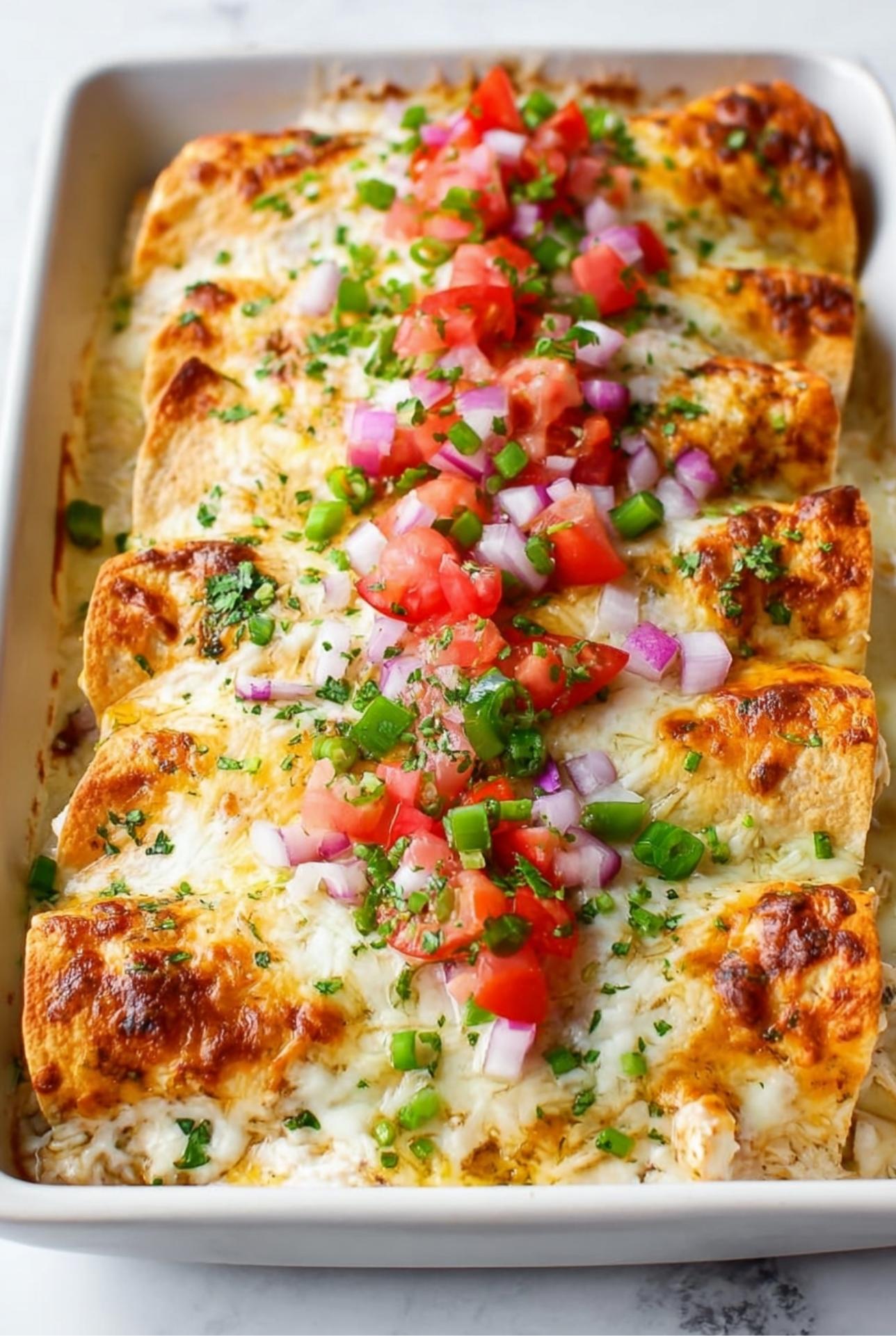 Golden baked White Chicken Chili Enchiladas topped with tomato, onion, cilantro, and jalapeno served in a casserole dish.