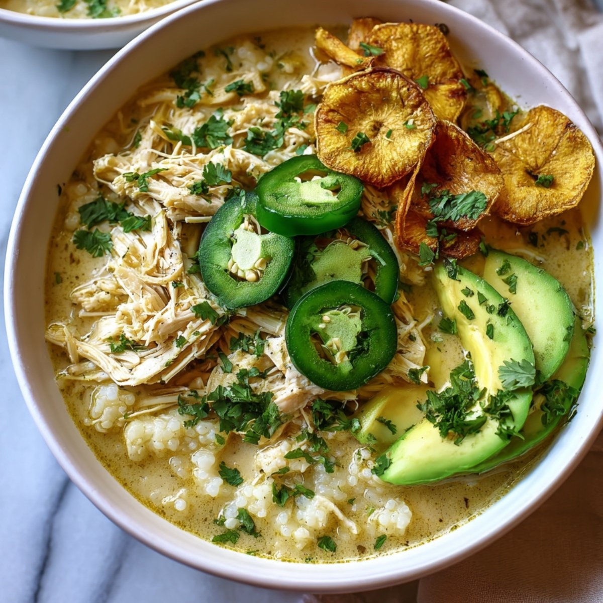 Bowl of Whole30 white chicken chili topped with avocado slices, jalapeño, and plantain chips.