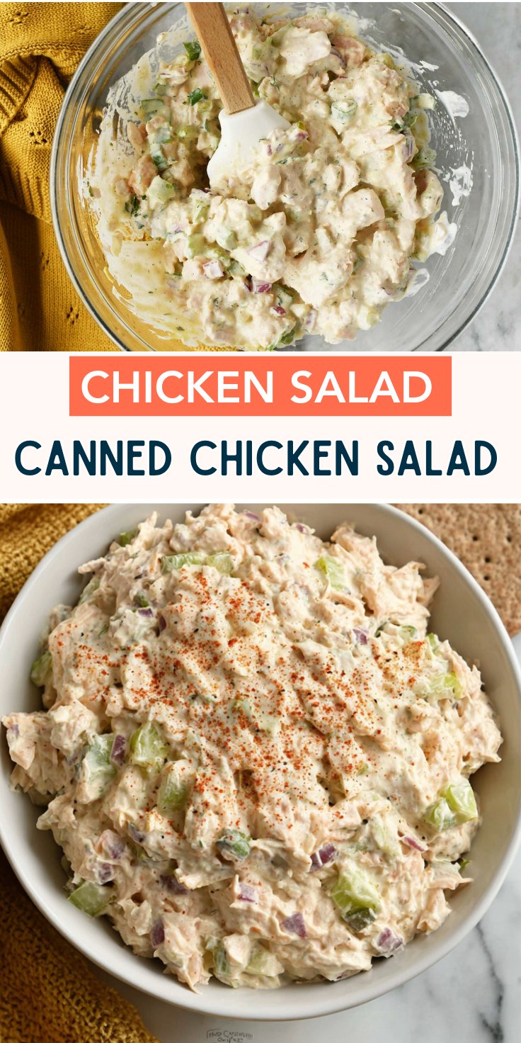 Bowl of classic chicken salad with celery and red onion.