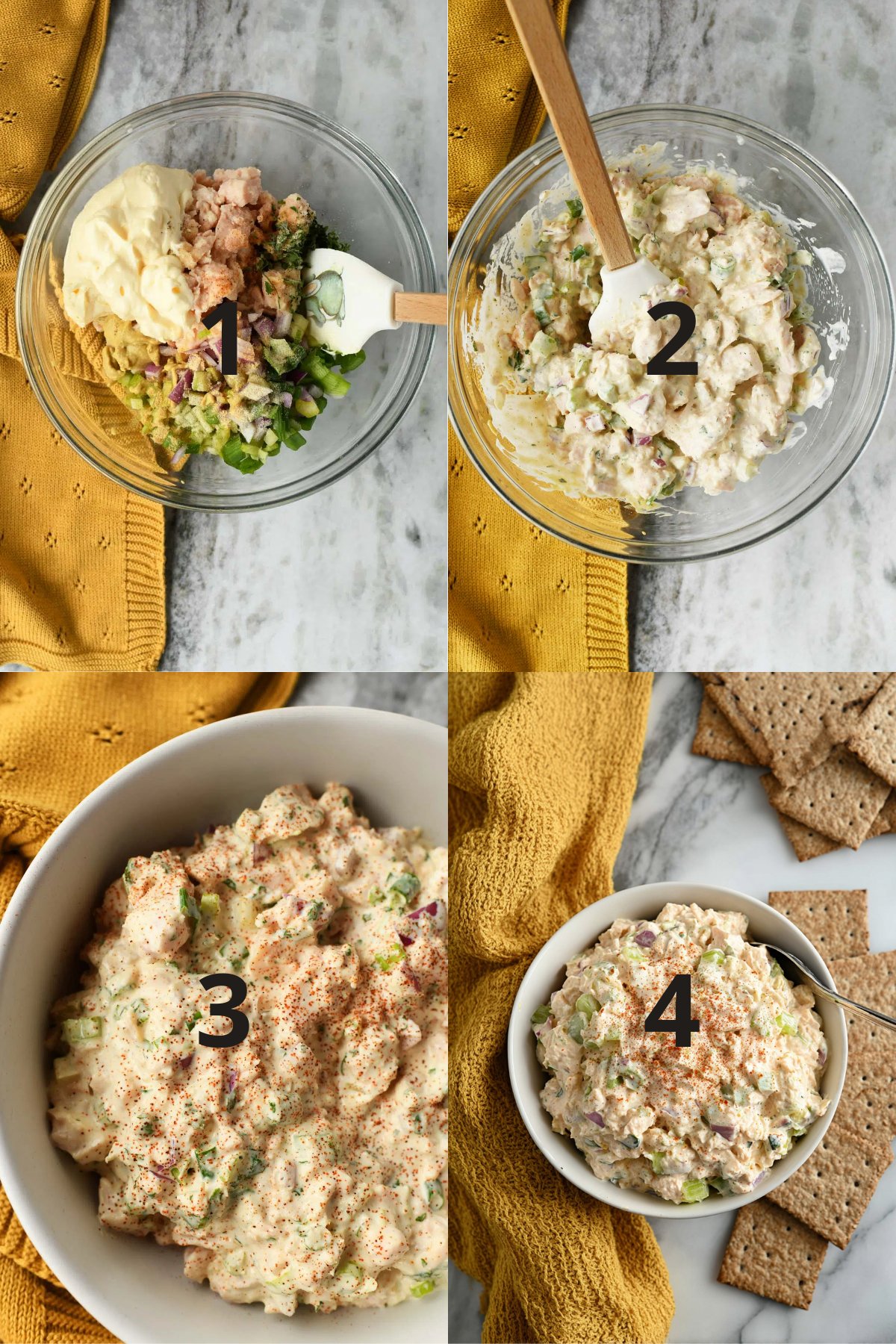 Step-by-step collage of mixing canned chicken salad.