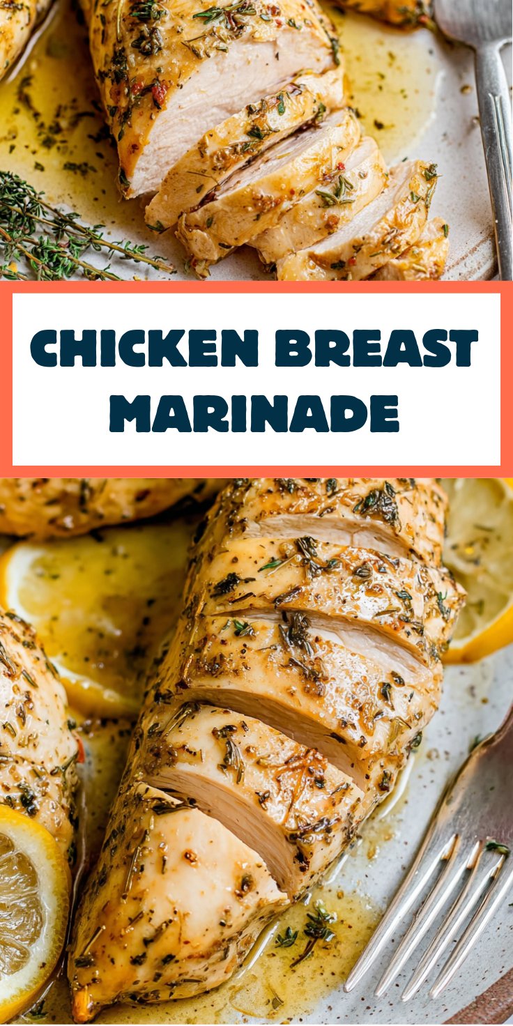 Sliced juicy chicken breast on a plate with garlic herb marinade and lemon slices.
