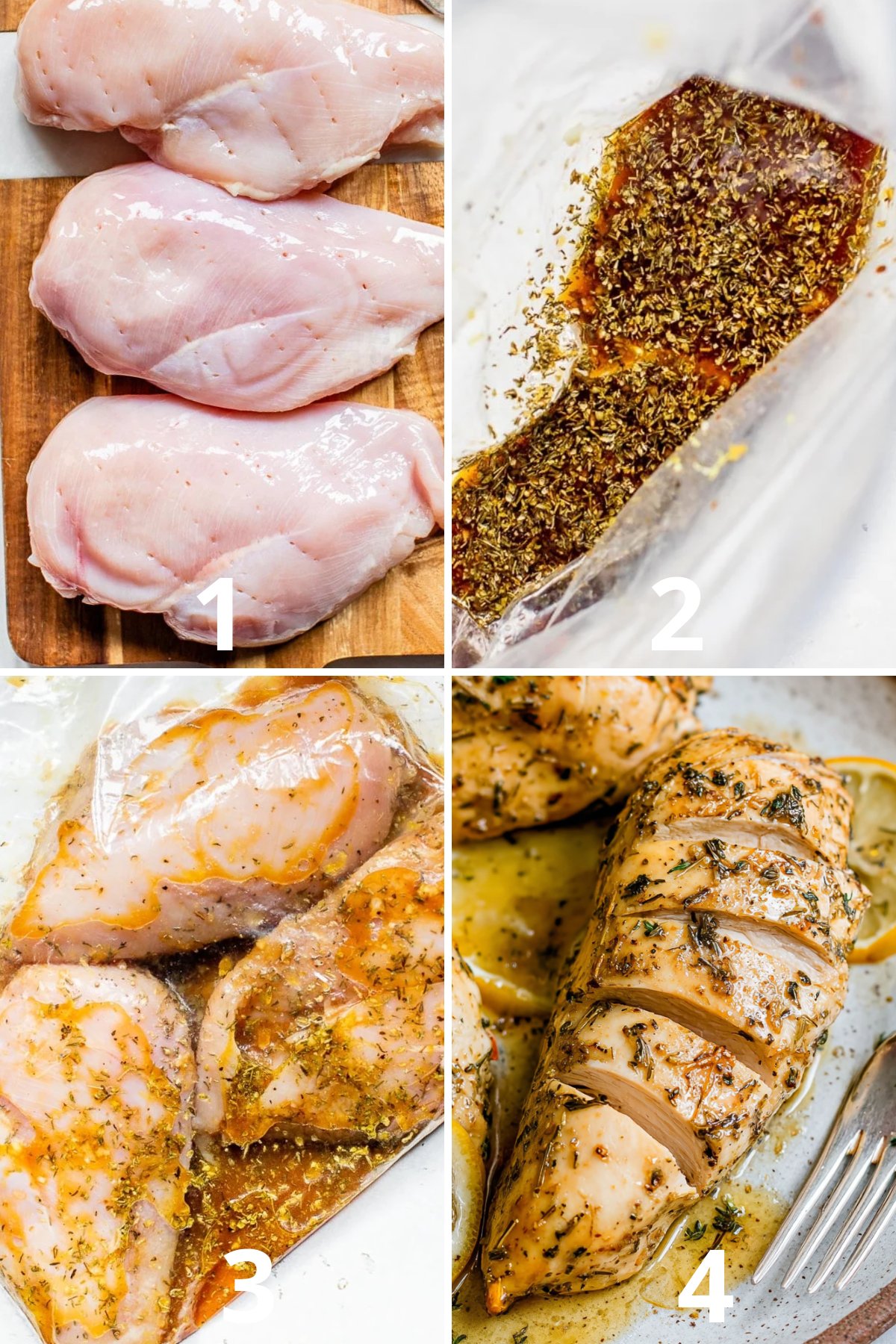 Process shots showing how to marinate chicken breast: raw chicken, marinade bag, marinated chicken, and cooked chicken.