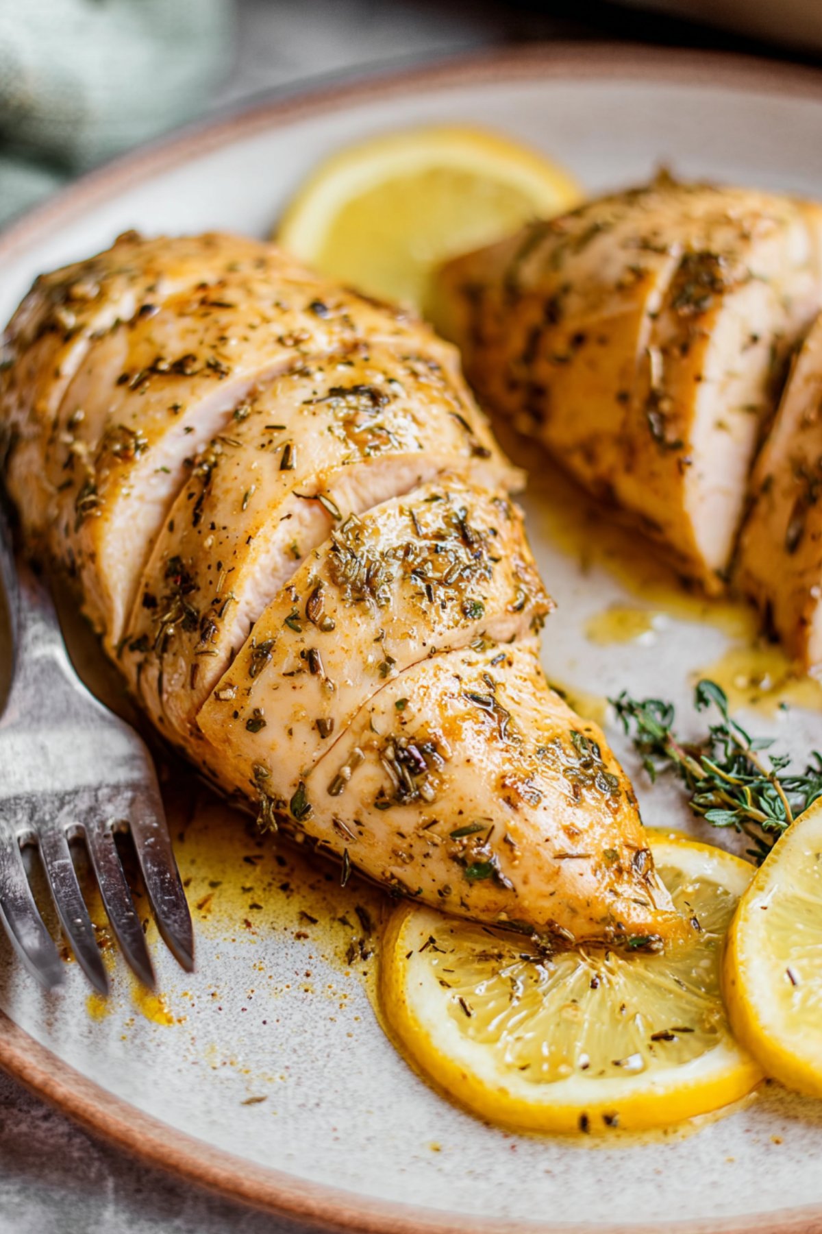 Close-up of chicken breast with garlic herb marinade, served on a plate with lemon wedges.