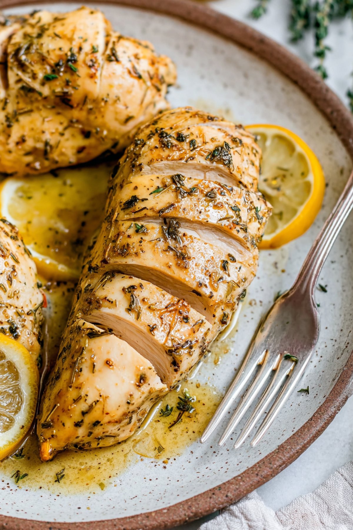 Plate with sliced chicken breast topped with garlic herb marinade and fresh lemon slices.