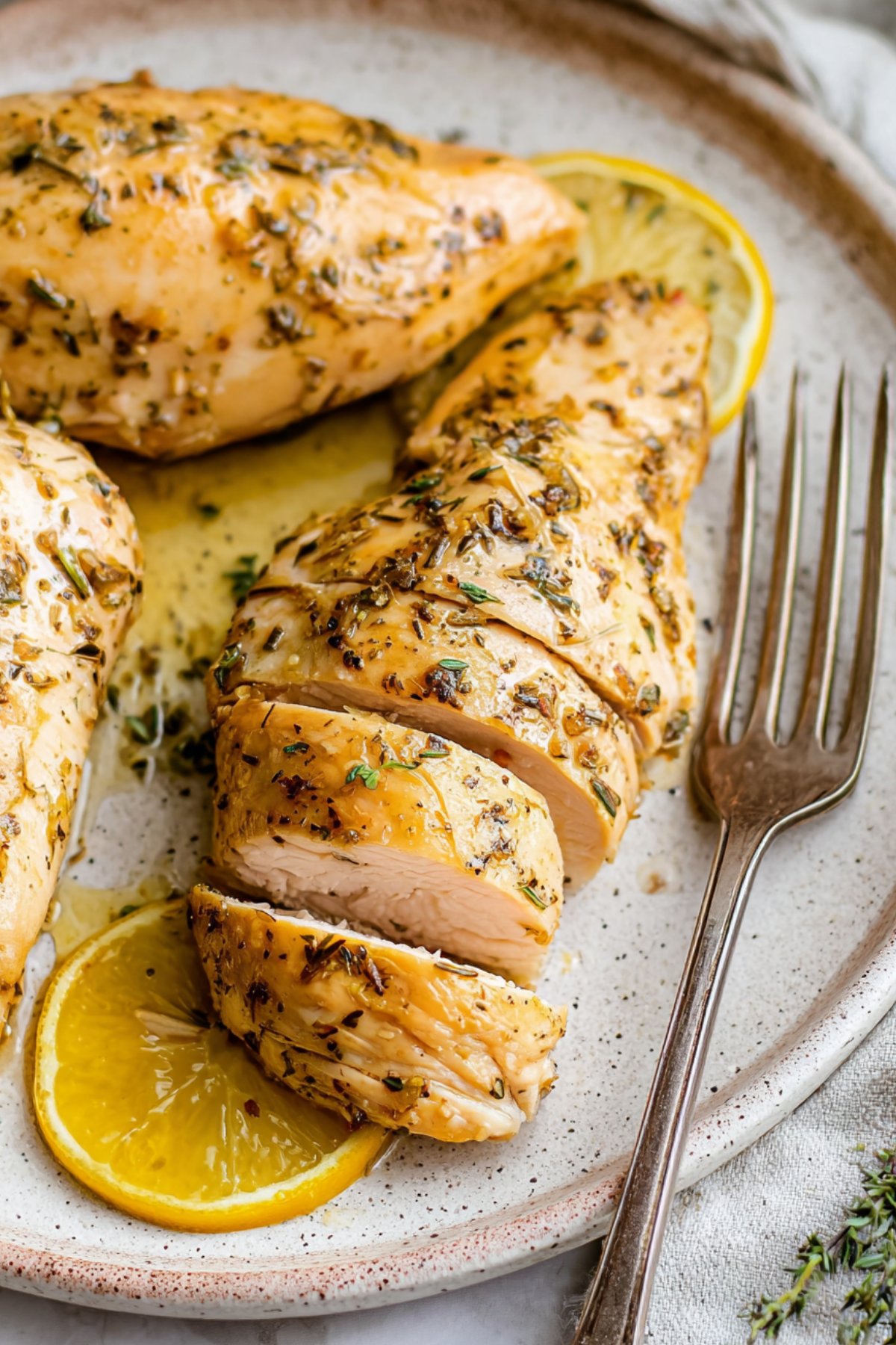 Sliced golden chicken breast on a rustic plate with lemon slices and fresh thyme.