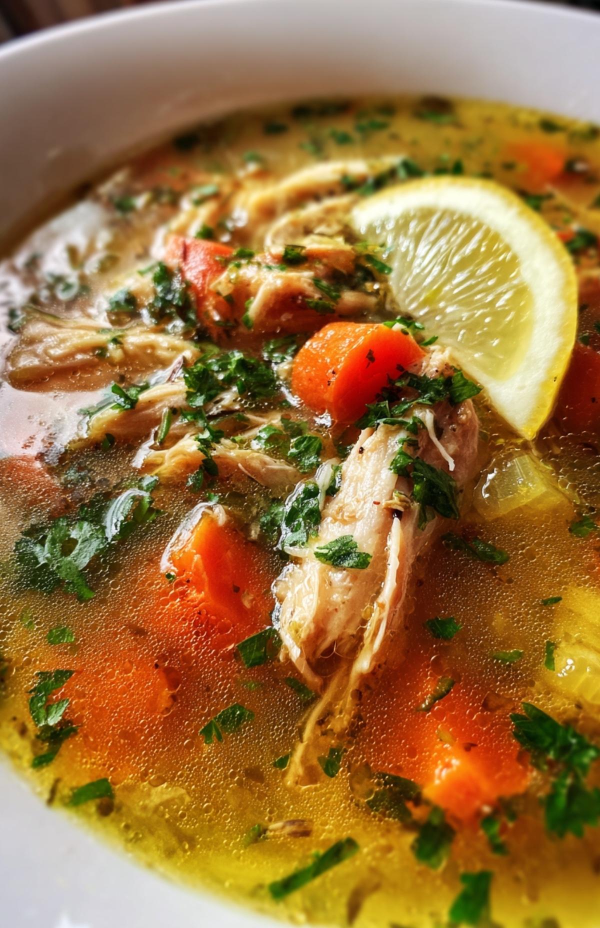 Bowl of chicken soup with carrots, lemon wedge, and fresh parsley – hearty homemade soup recipe with chicken.
