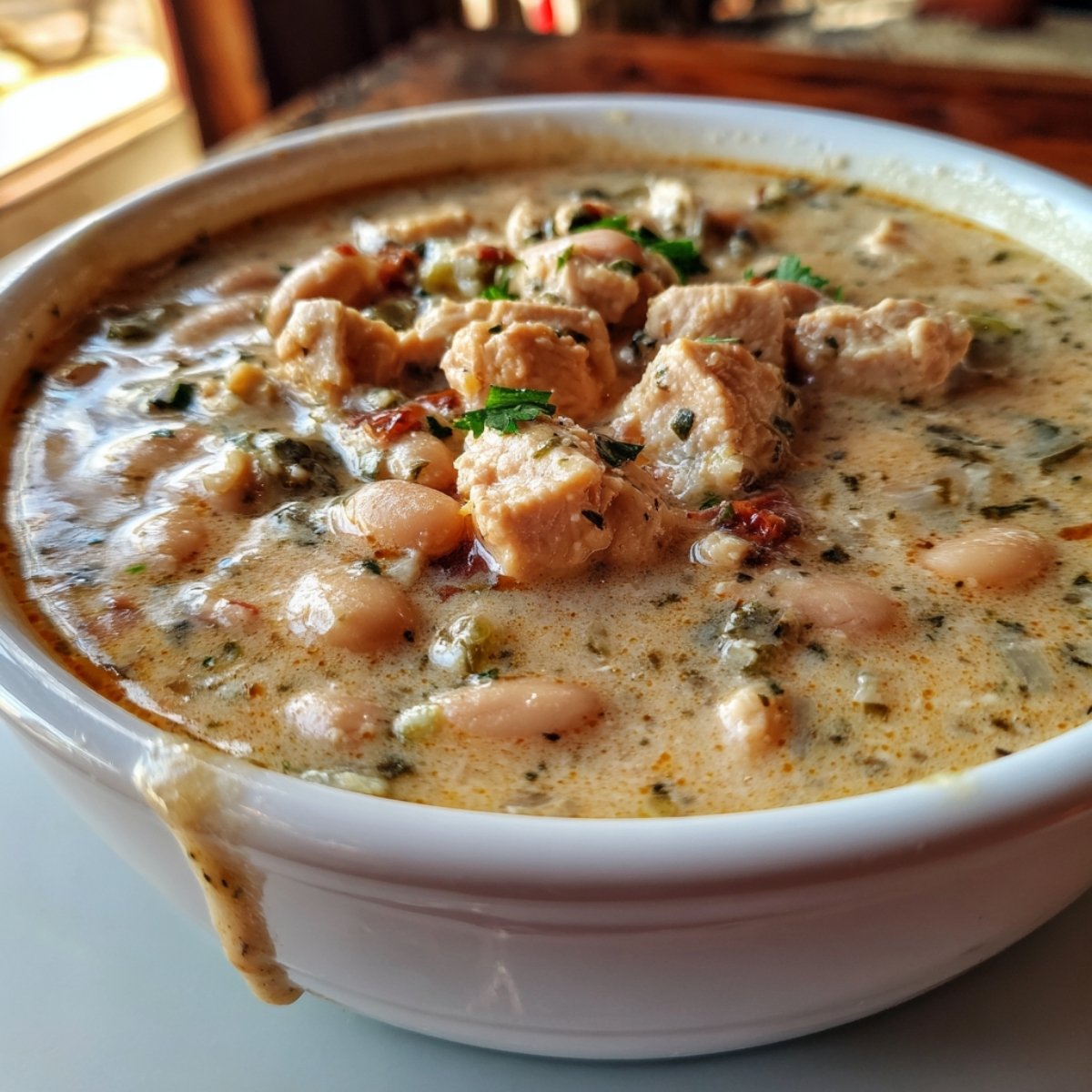 Close-up of creamy white bean chicken chili in a bowl, filled with tender chicken chunks, beans, and herbs.