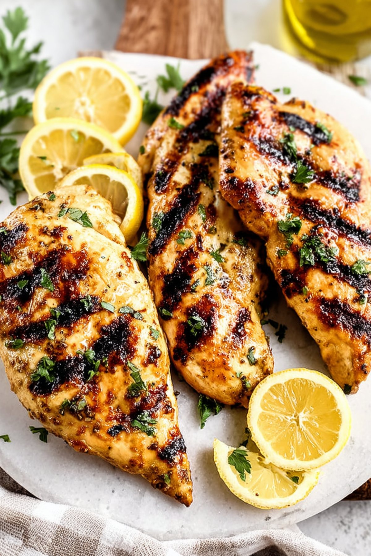 Angled shot of Greek chicken breasts grilled with char marks, served with fresh lemon wedges.