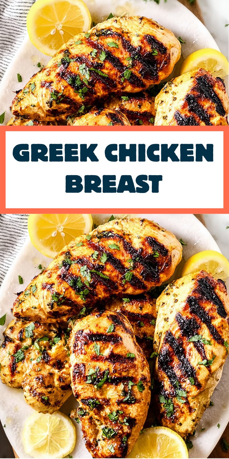Overhead platter of grilled Greek chicken breasts garnished with parsley and lemon halves, labeled “Greek Chicken Breast.”
