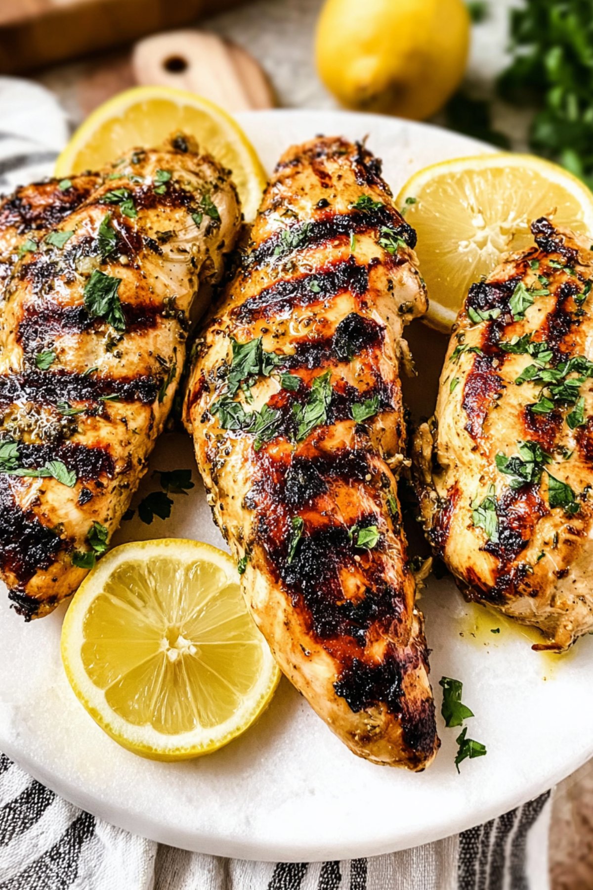 Overhead photo of grilled Greek chicken breasts on a plate with parsley and lemon slices.