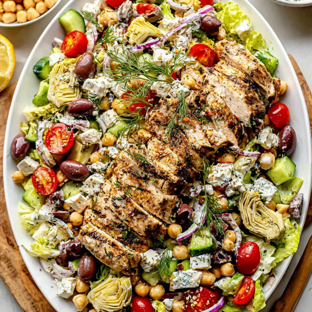 Overhead photo of a large platter of Greek chicken salad with sliced chicken breast, fresh vegetables, and creamy feta dressing.