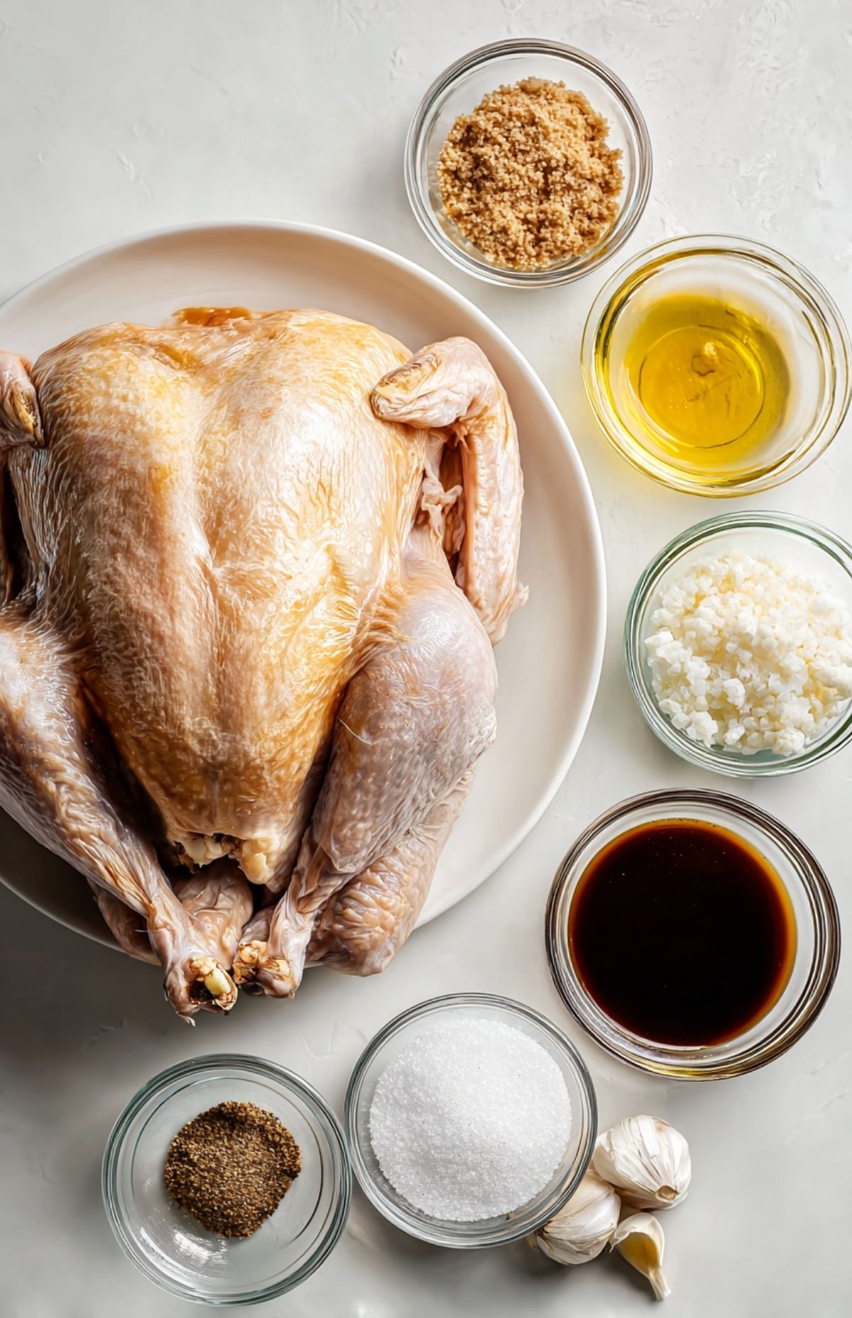 Raw whole turkey on a plate with small bowls of kosher salt, brown sugar, oil, Worcestershire, spices, and garlic.