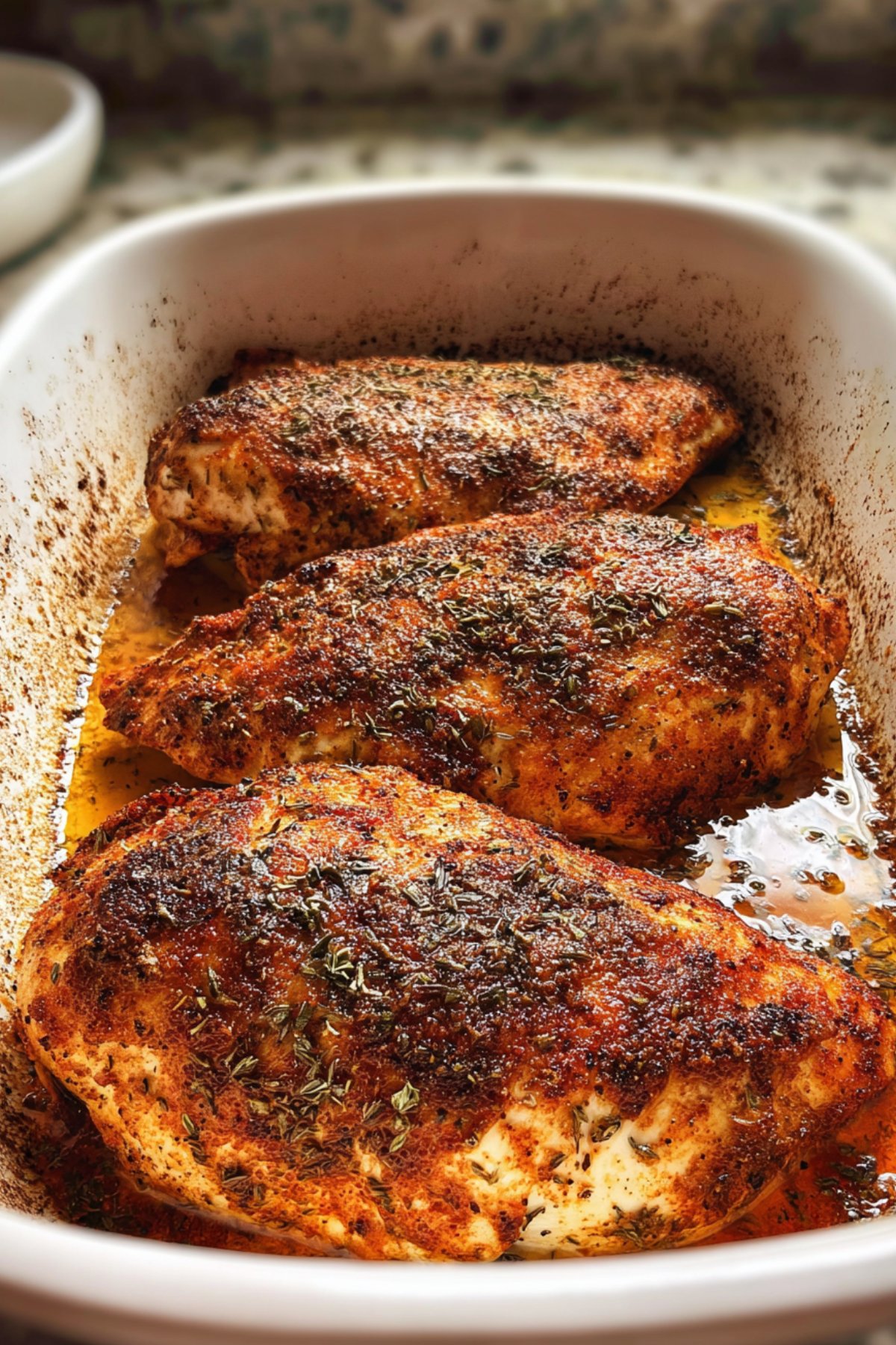 Overhead shot of three oven-baked chicken breasts with herbs and paprika in pan juices.