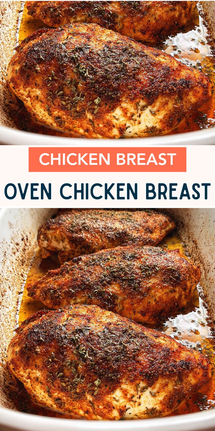 Golden roasted oven-baked chicken breasts in a white baking dish with seasoning and pan juices.