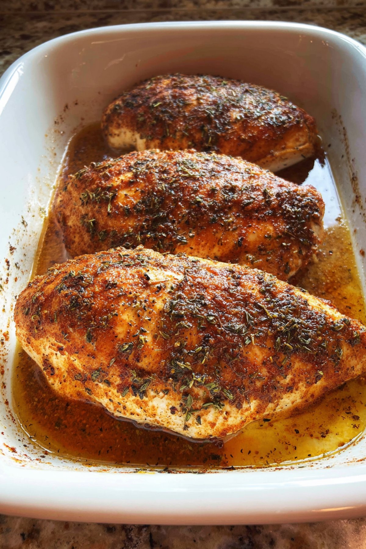 Juicy baked chicken breasts with paprika and herbs resting in pan juices in a white casserole dish.