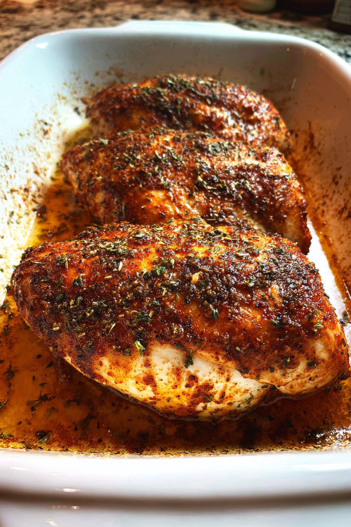 Close-up of oven-baked chicken breast seasoned with herbs and paprika in a baking dish.