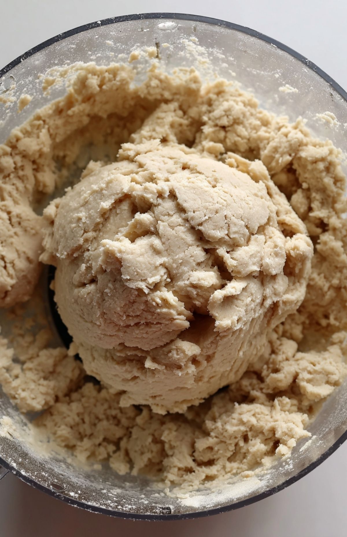 Food processor filled with smooth, beige seitan-tofu dough ball for vegan turkey roast.