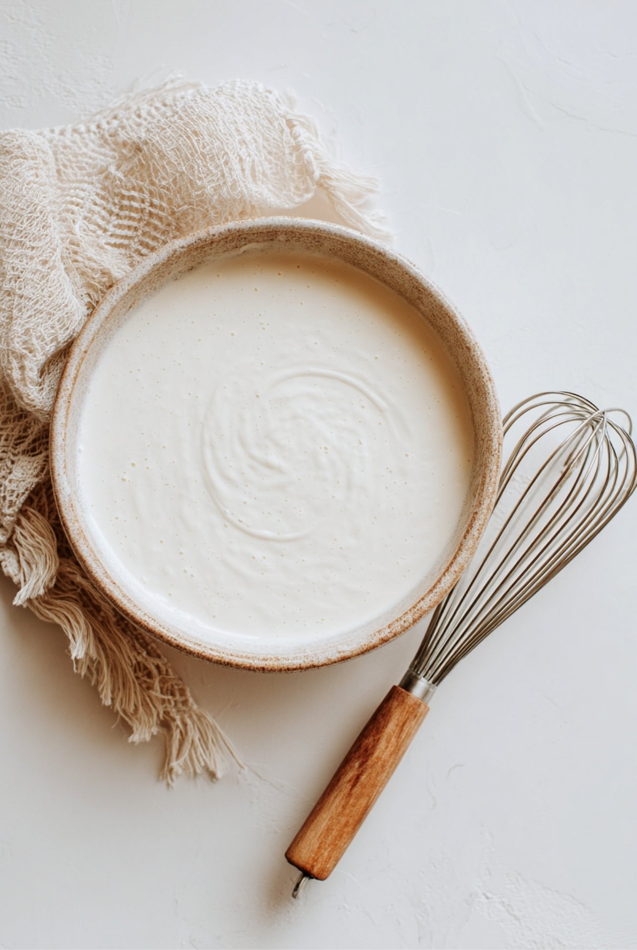 Bowl of sour cream mixture with whisk, ready to stir into creamy white bean chicken chili with Mexican street corn twist.