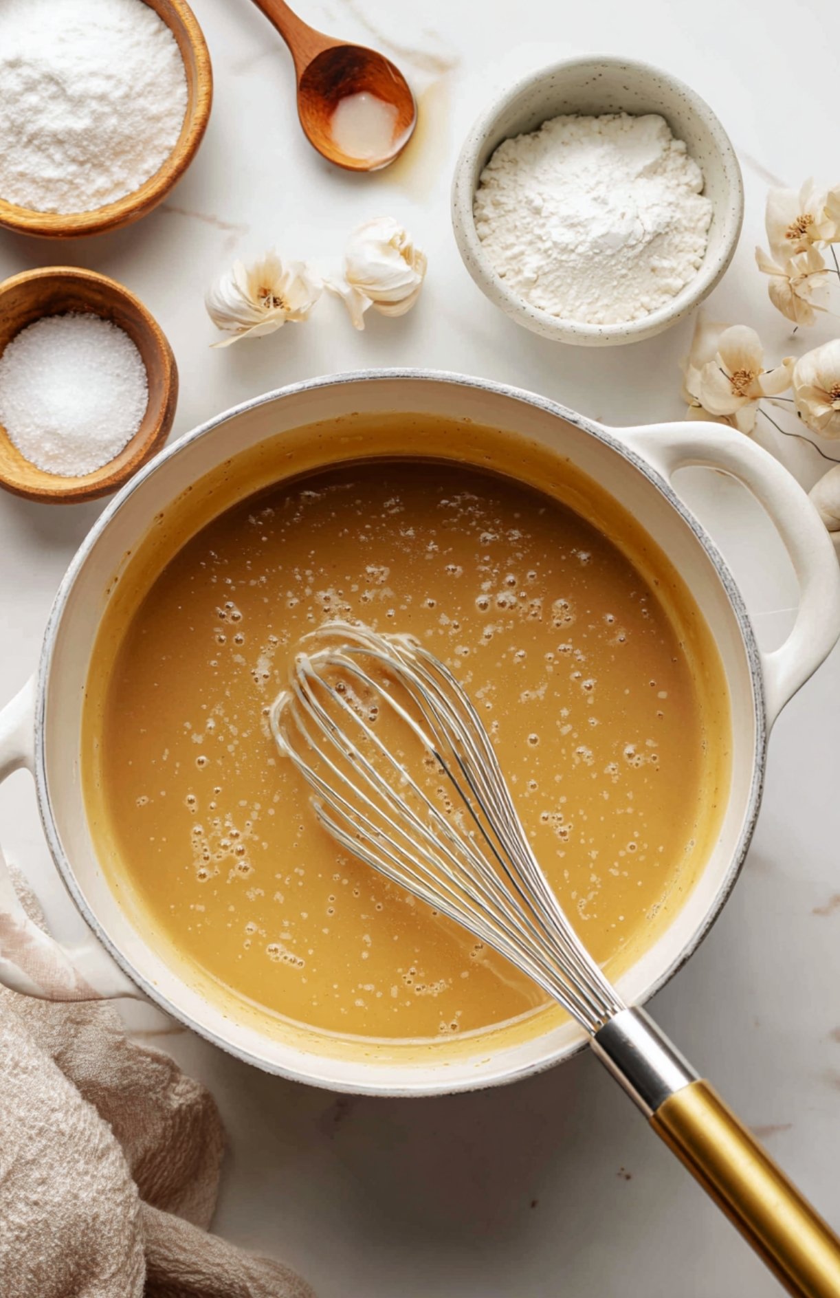Pot of homemade turkey gravy being whisked, surrounded by flour, garlic, and seasoning bowls.