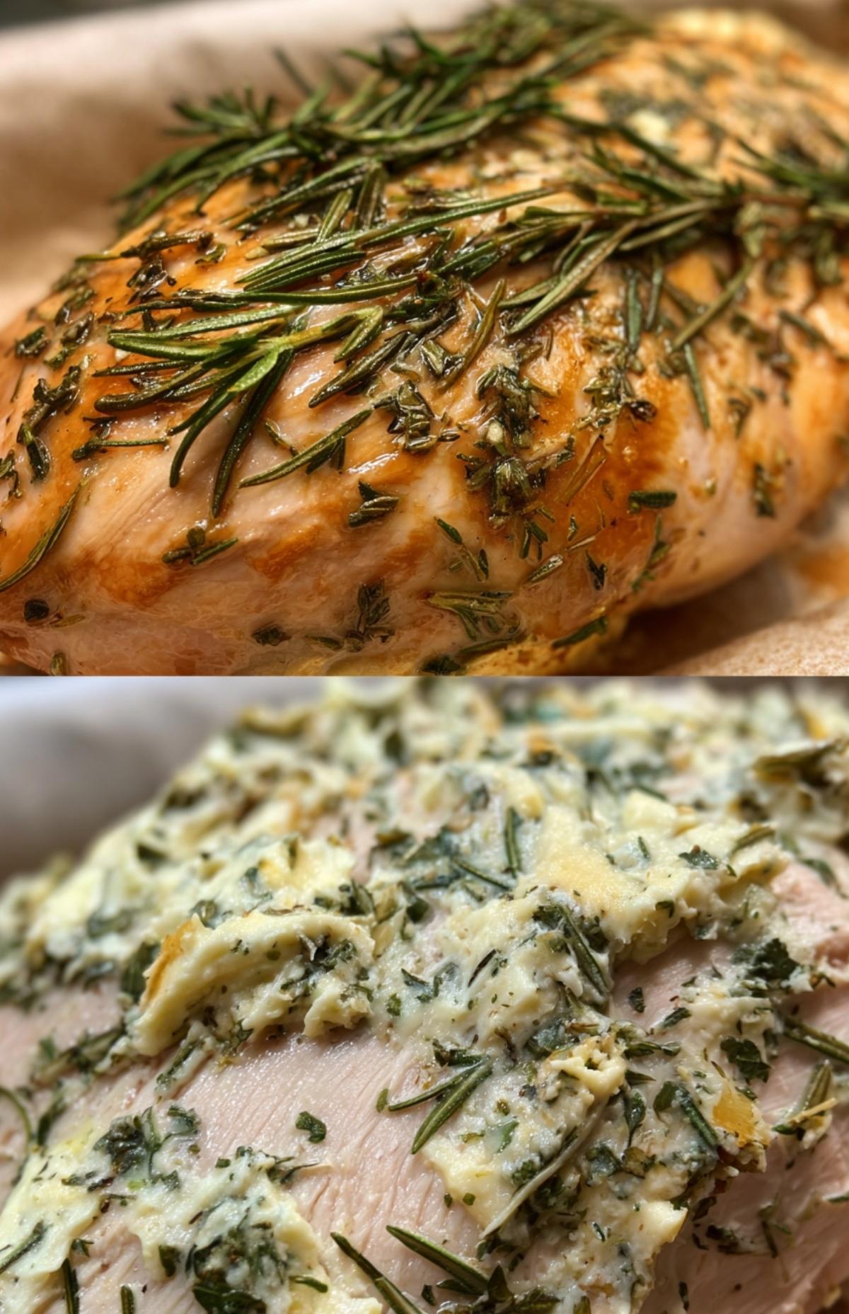 Side-by-side image of uncooked turkey breast with herb butter and roasted turkey with golden skin.
