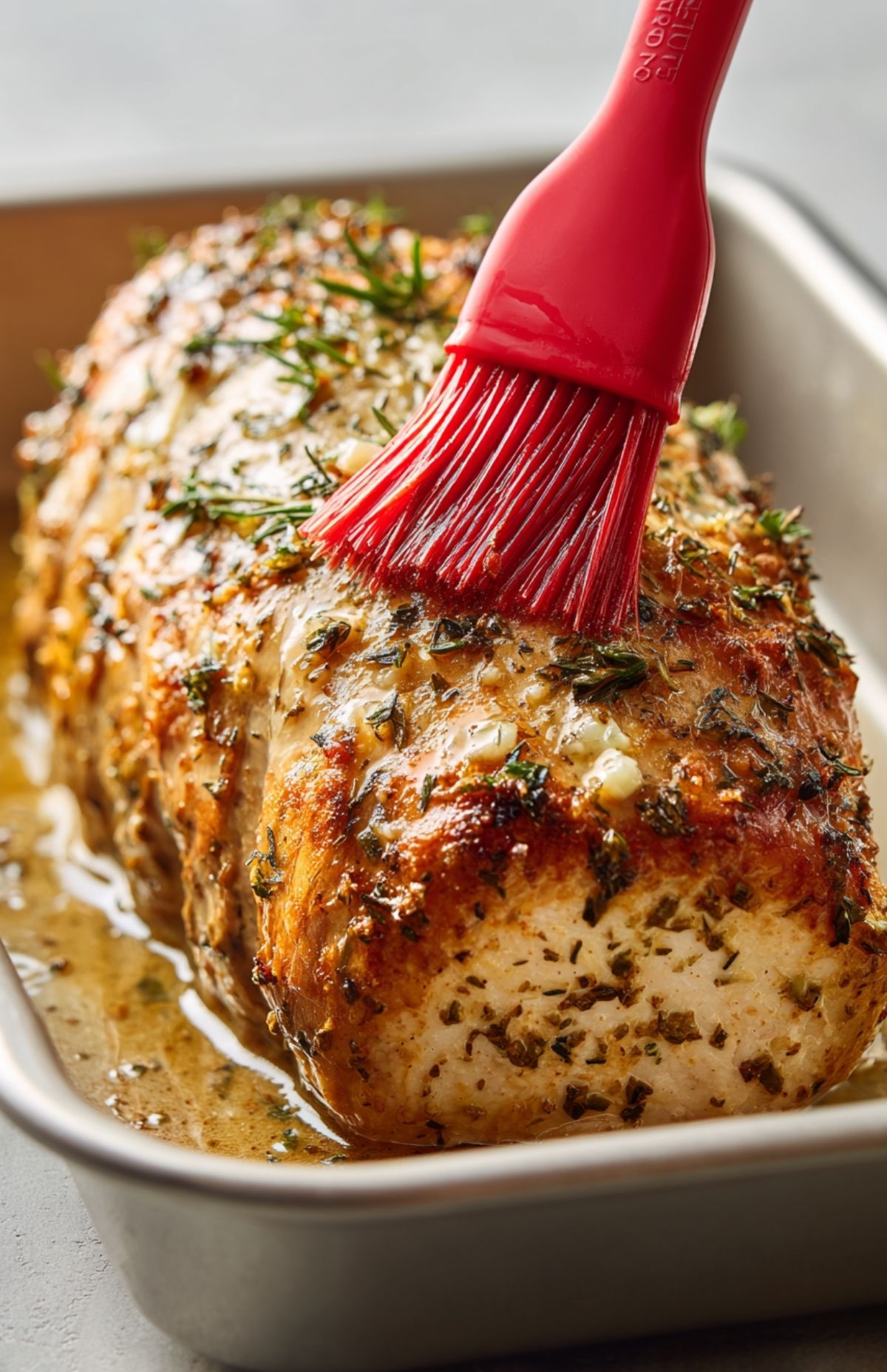 Red pastry brush glazing a golden vegan roast with garlic-herb butter in a baking pan.