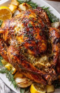 Brined turkey roasted to a deep golden brown, sprinkled with herbs and surrounded by lemon wedges.