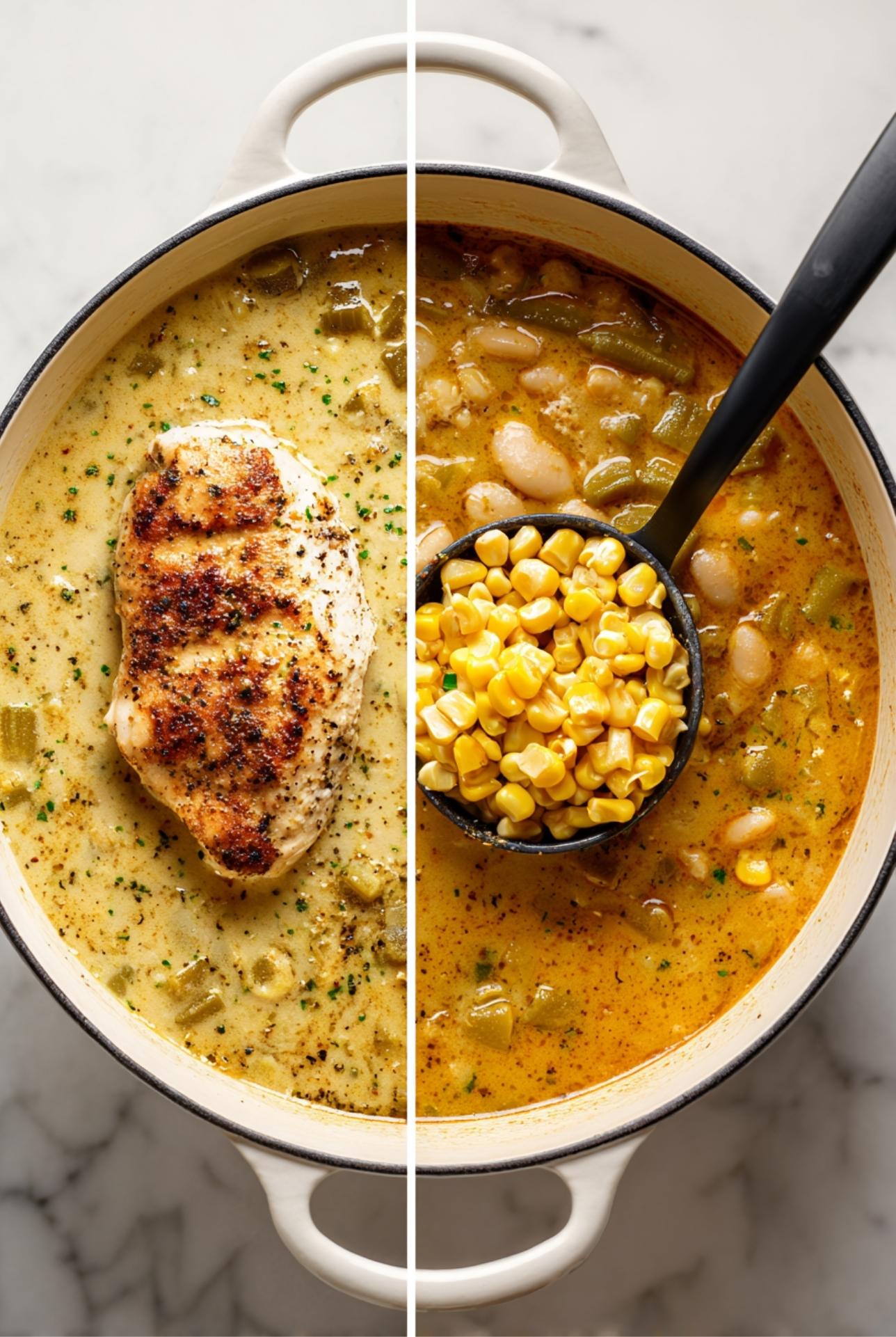 Side-by-side process images of white chicken chili with beans being pureed and vegetables simmering in broth.