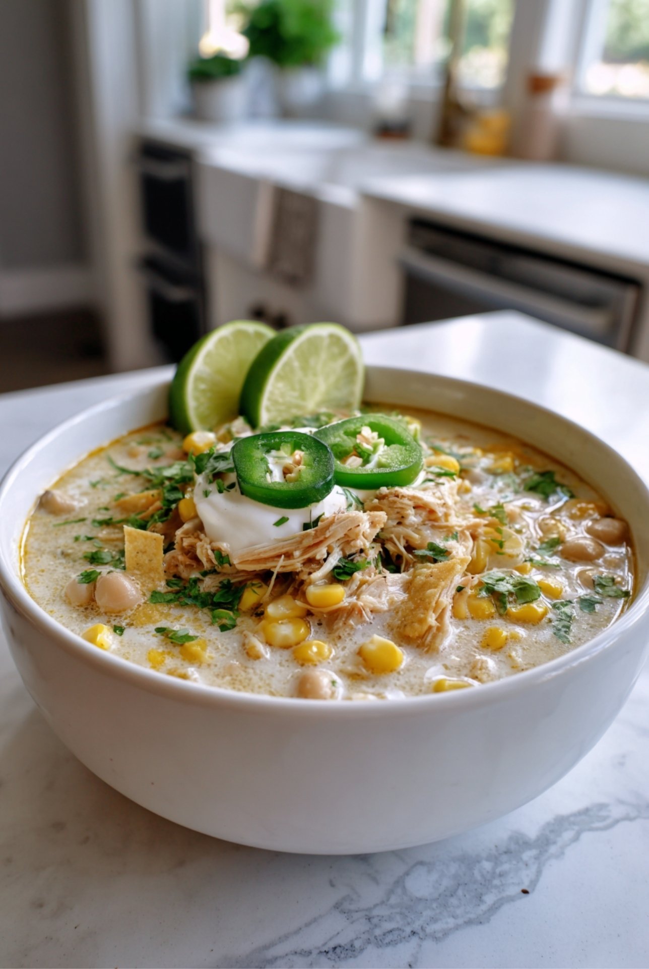 White chicken chili served in a large bowl with shredded chicken, corn, sour cream, and lime wedges on top, styled on a kitchen counter.