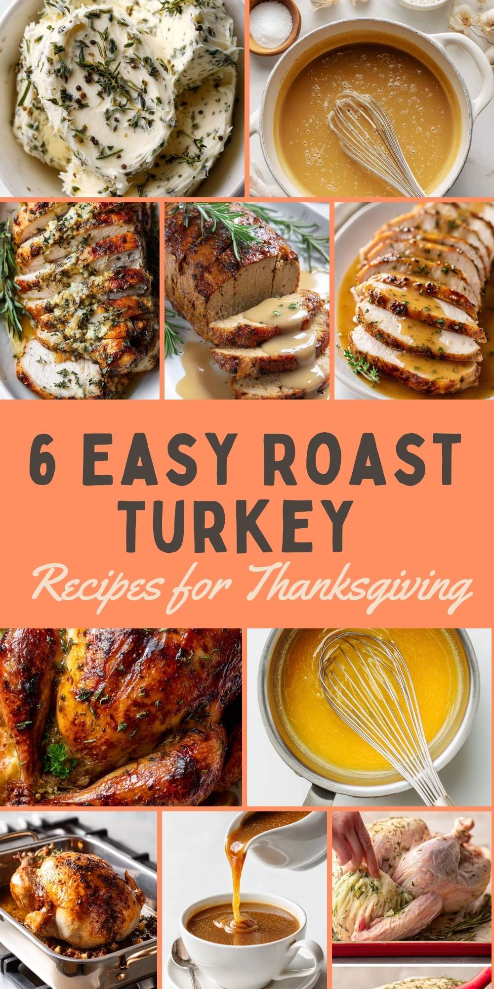 Collage of six turkey recipes including roasted turkey, vegan roast, buttered turkey breast, gravy, and compound butter.